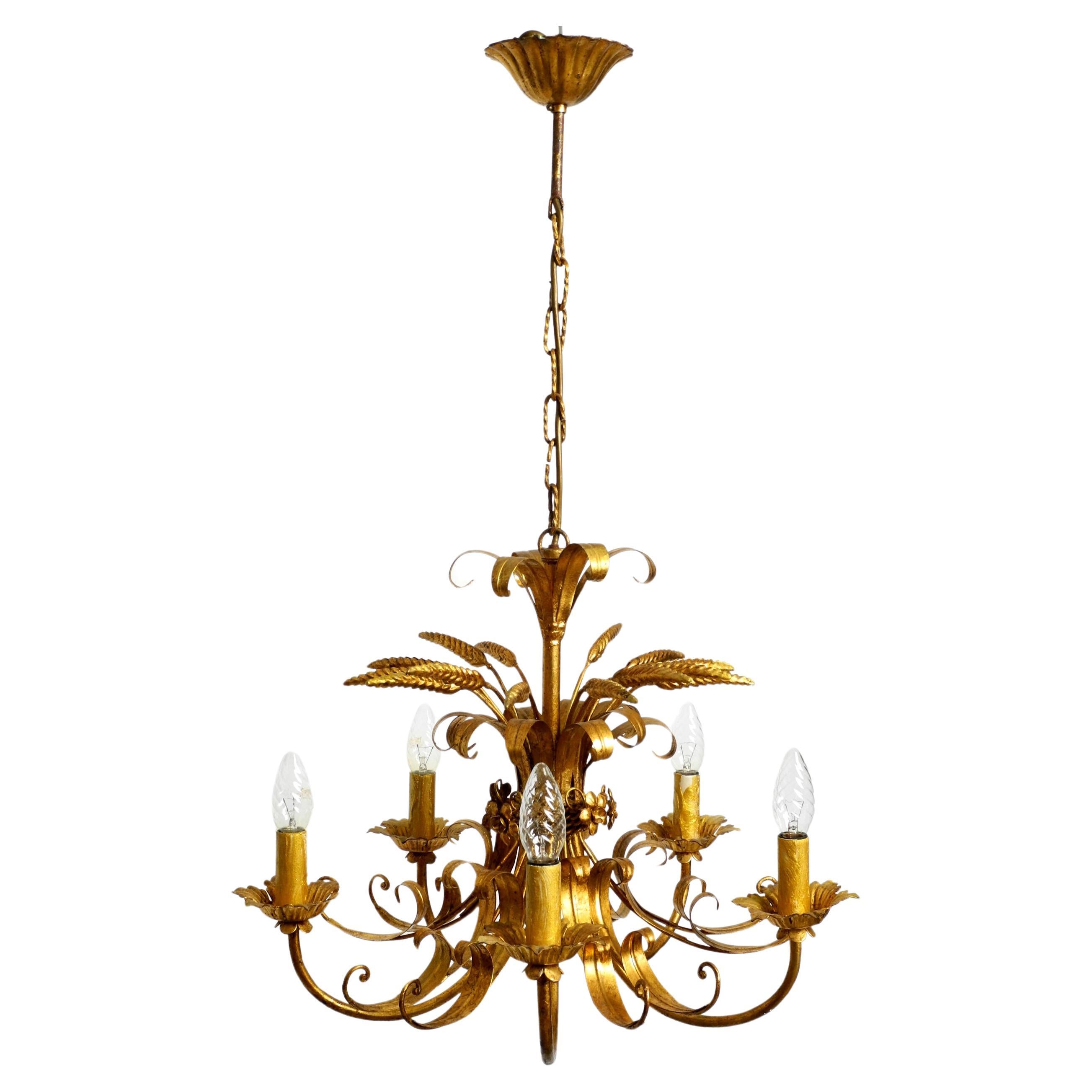 Beautiful 1970s gold-plated large 5-armed metal chandelier by Hans Kögl