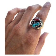 Beautiful 1970s Navajo Turquoise and Carnelian Sterling Silver Ring