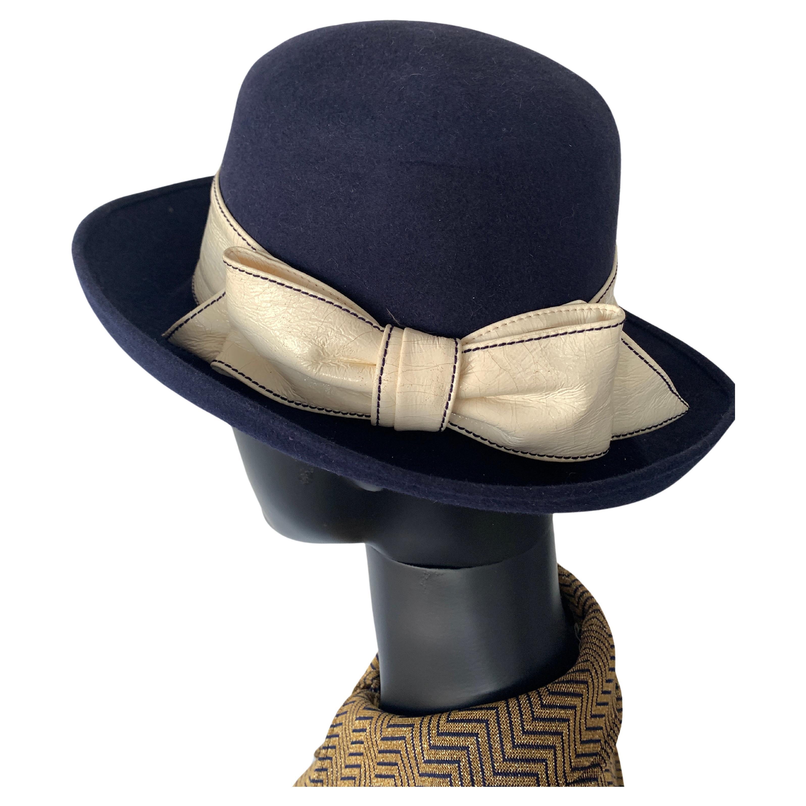Beautiful 1970s Navy Felt Vintage Hat For Sale
