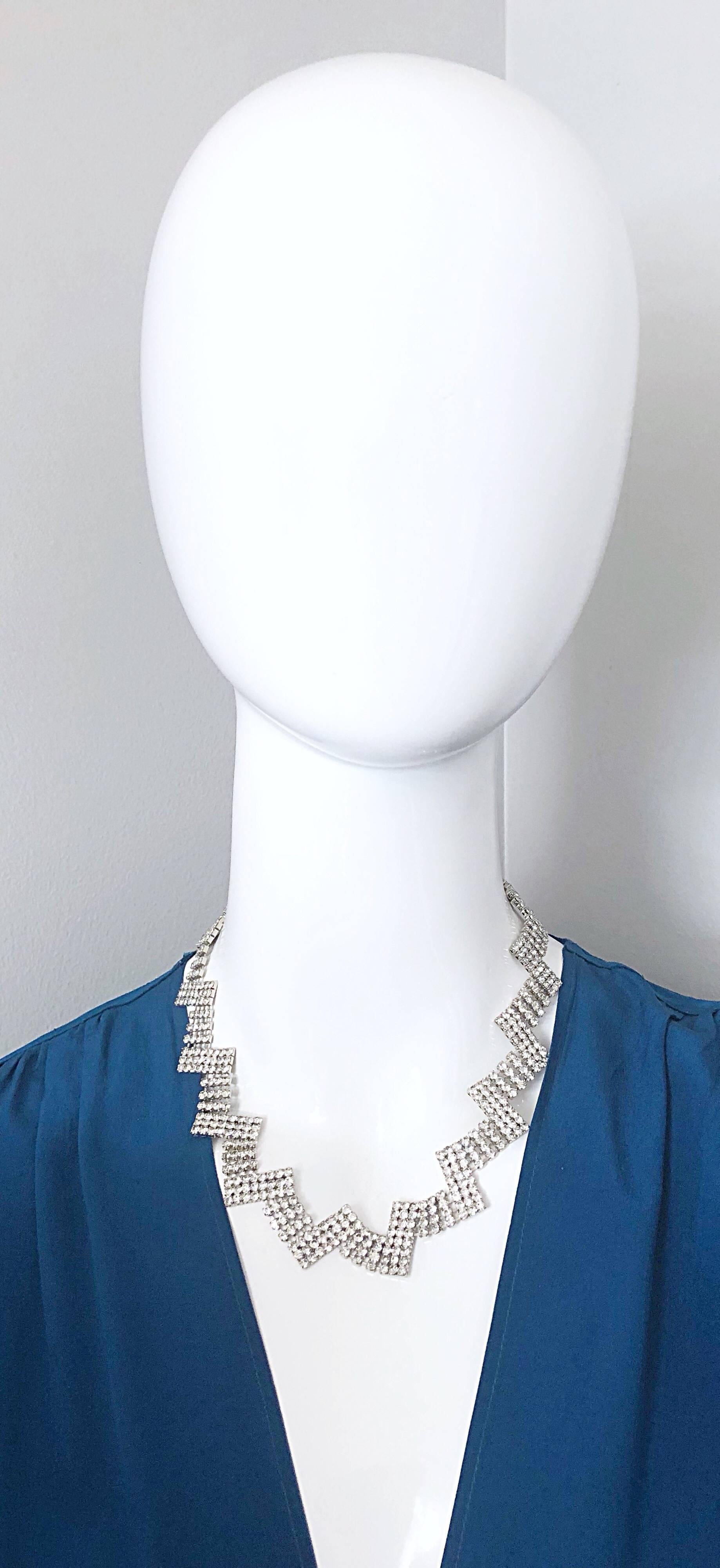 Women's Beautiful 1970s Rhinestone Diamanté Zig Zag Vintage 70s Necklace + Earrings Set For Sale