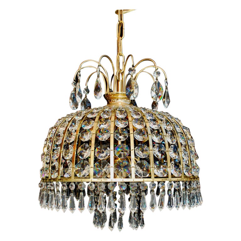 Beautiful 1970s Small Crystal, Small Crystal And Brass Chandelier
