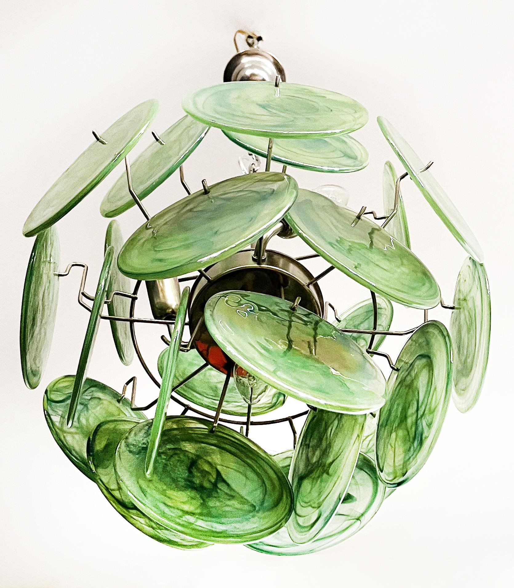 Beautiful 1970’s Vintage Italian Murano chandelier - 24 green disks For Sale 14