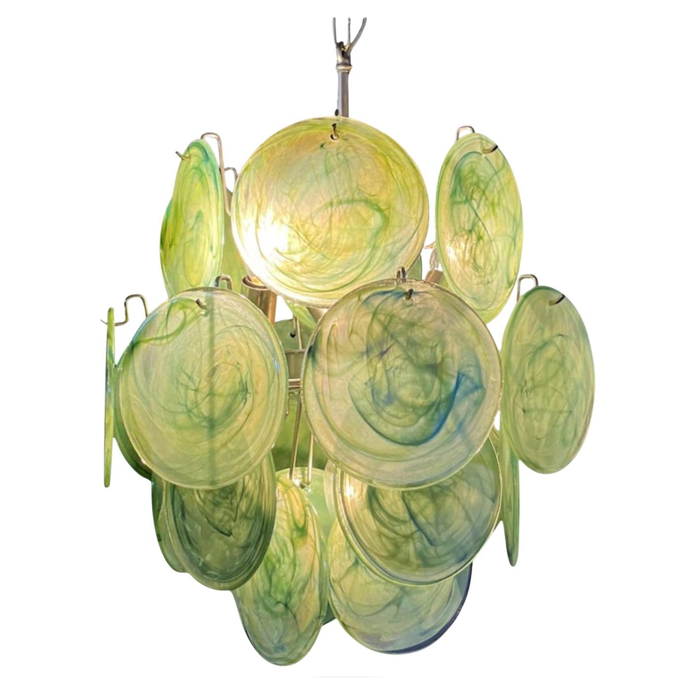Bellissimo lampadario vintage italiano di Murano degli anni '70 - 24 dischi verdi