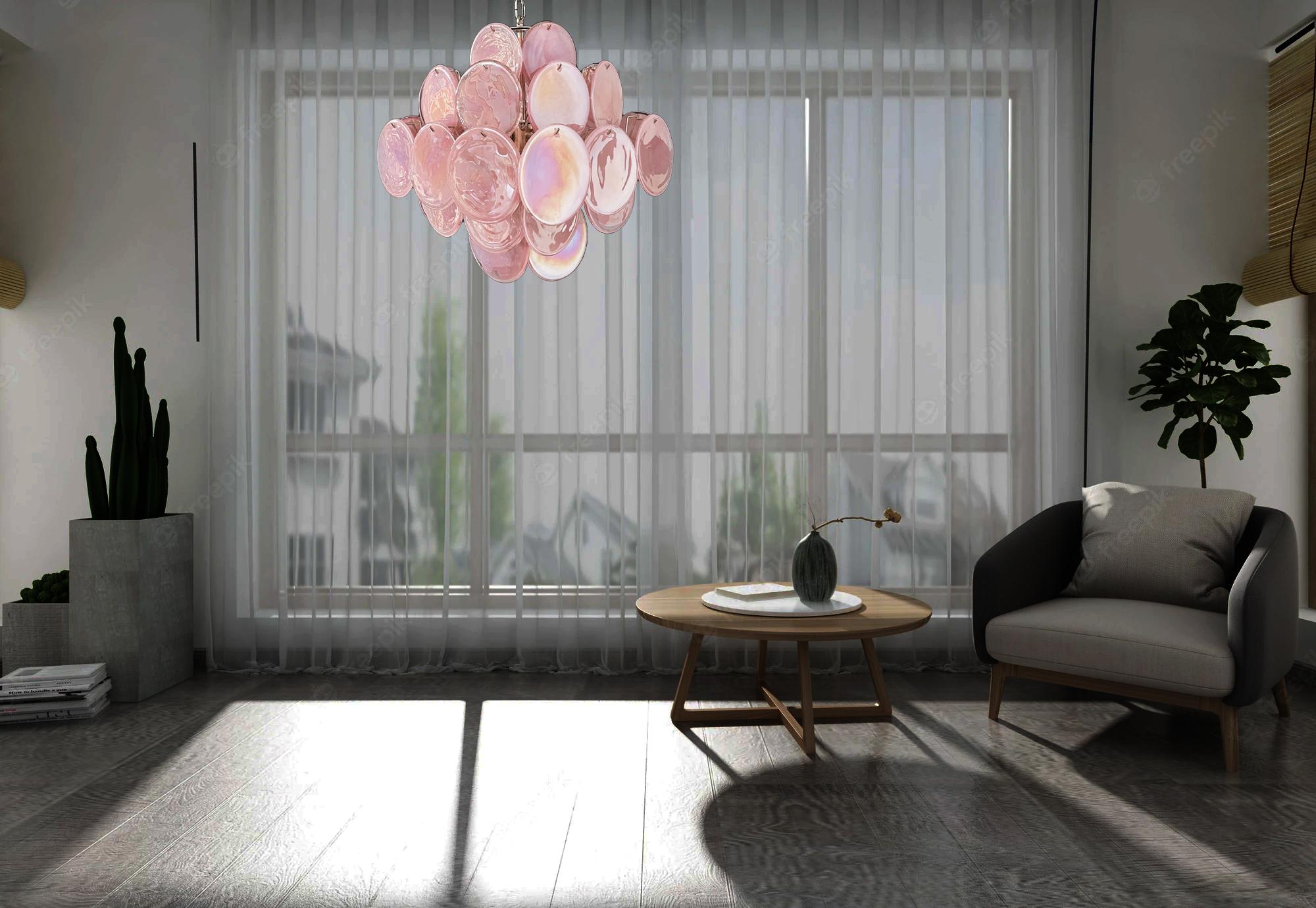 Vintage Italian Murano chandeliers in Vistosi style. Each chandelier has 36 fantastic iridescent alabaster pink discs in a nickel metal frame.
Period: late 20th century
Dimensions: 44.50 inches (150 cm) height with chain; 19.40 inches (50 cm)