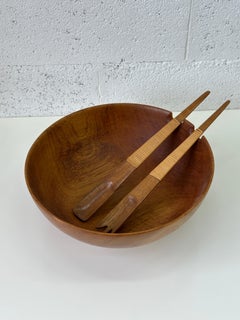 Beautiful 1970s Vintage Wooden Salad Bowl with Matching Servers. Danish style