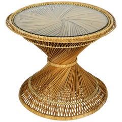 Beautiful 1970s Wicker Side Table Made of Wicker with Thick Original Glass Top