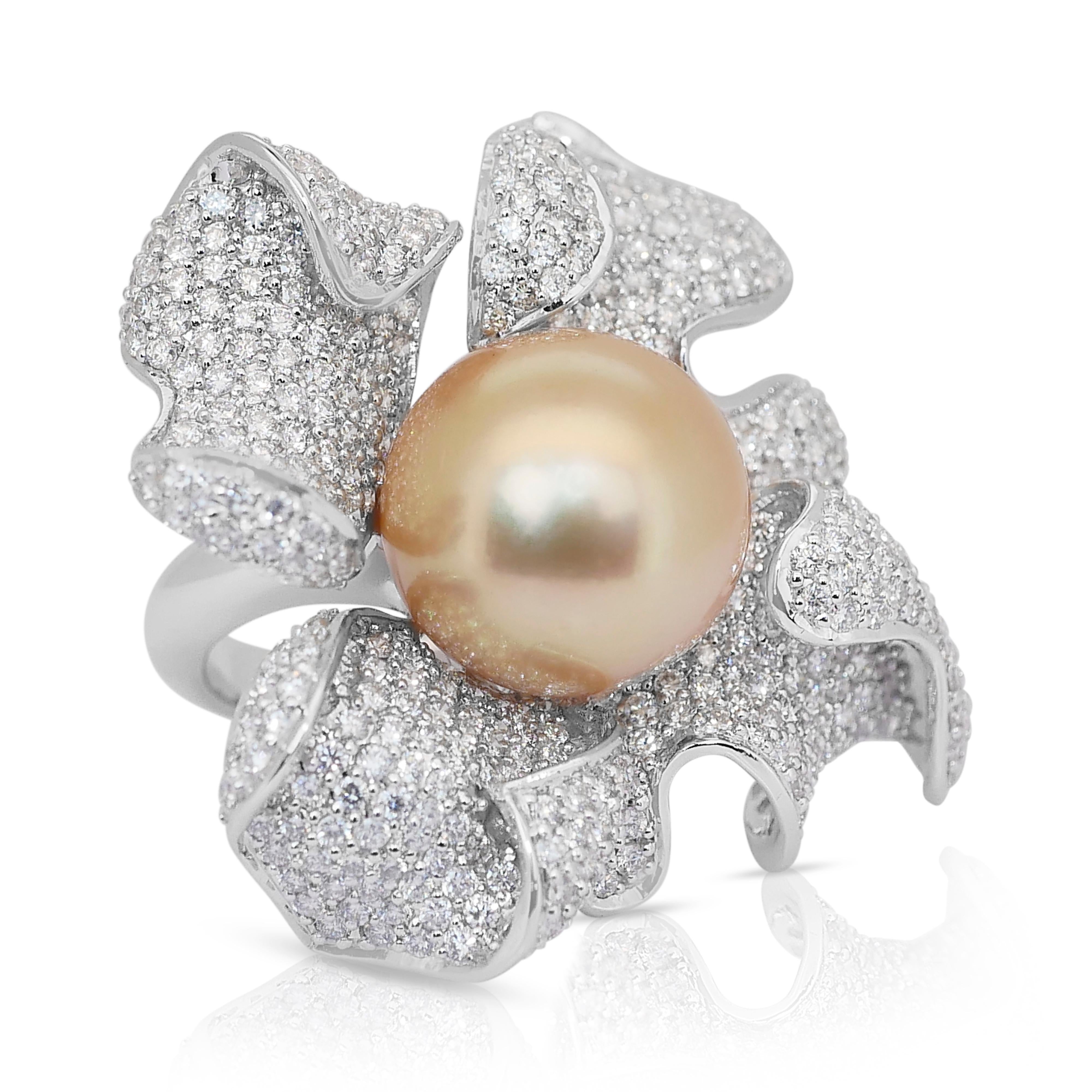 Round Cut Beautiful 19.83ct Salt Water Pearl and Diamonds Cocktail Ring in 18k White Gold