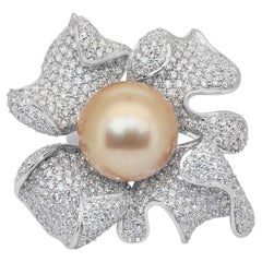 Beautiful 19.83ct Salt Water Pearl and Diamonds Cocktail Ring in 18k White Gold