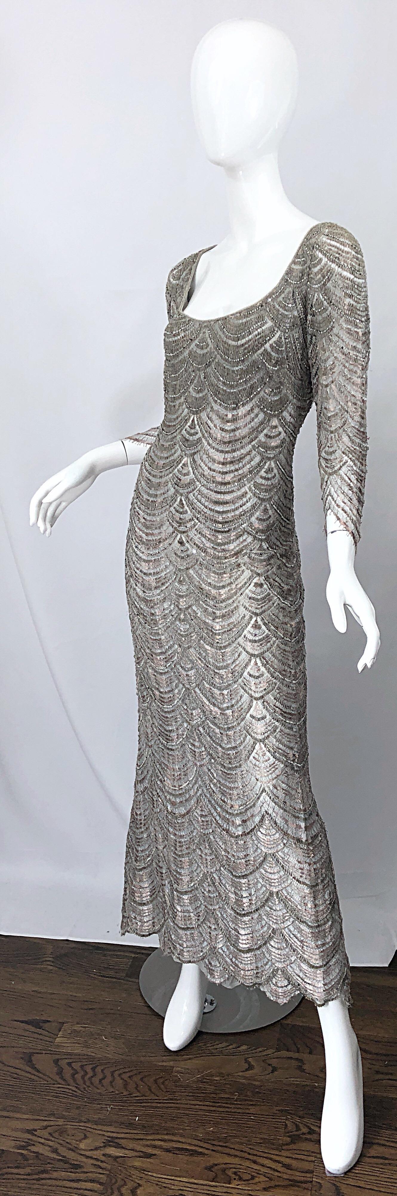 Beautiful 1990s Badgley Mischka Size 12 Fully Beaded Grey Vintage 90s Deco Gown For Sale 2