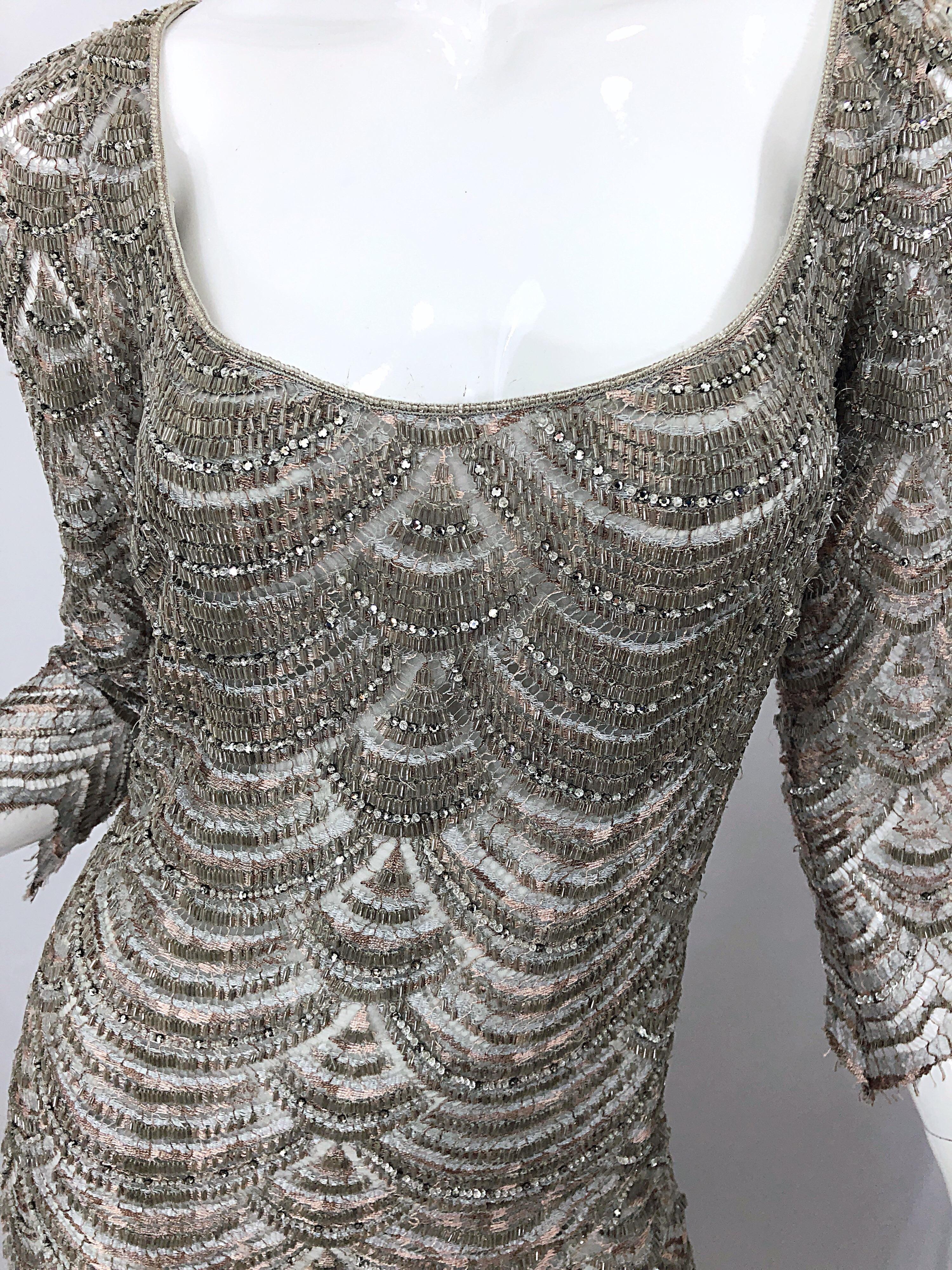 Beautiful 1990s Badgley Mischka Size 12 Fully Beaded Grey Vintage 90s Deco Gown For Sale 3