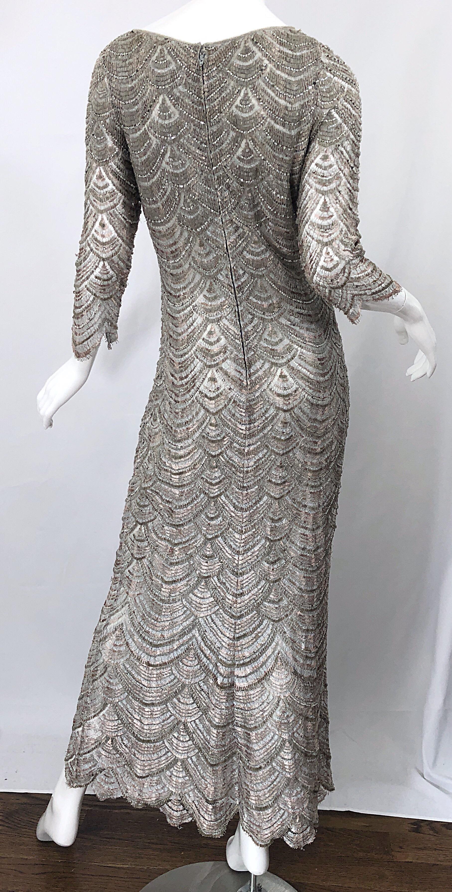Beautiful 1990s Badgley Mischka Size 12 Fully Beaded Grey Vintage 90s Deco Gown For Sale 4