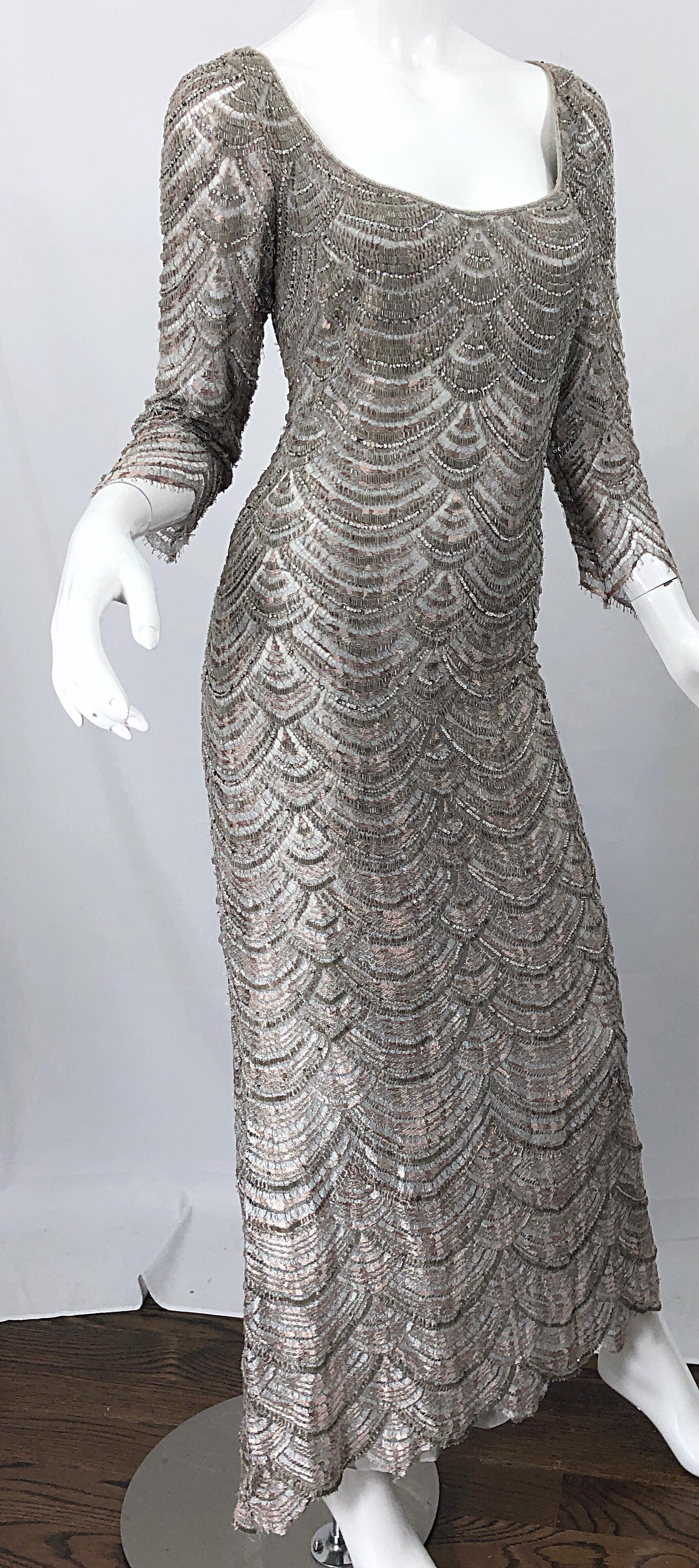 Badgley Mischka - Magnifique robe grise vintage entièrement perlée, style déco, années 1990, taille 12 en vente 8