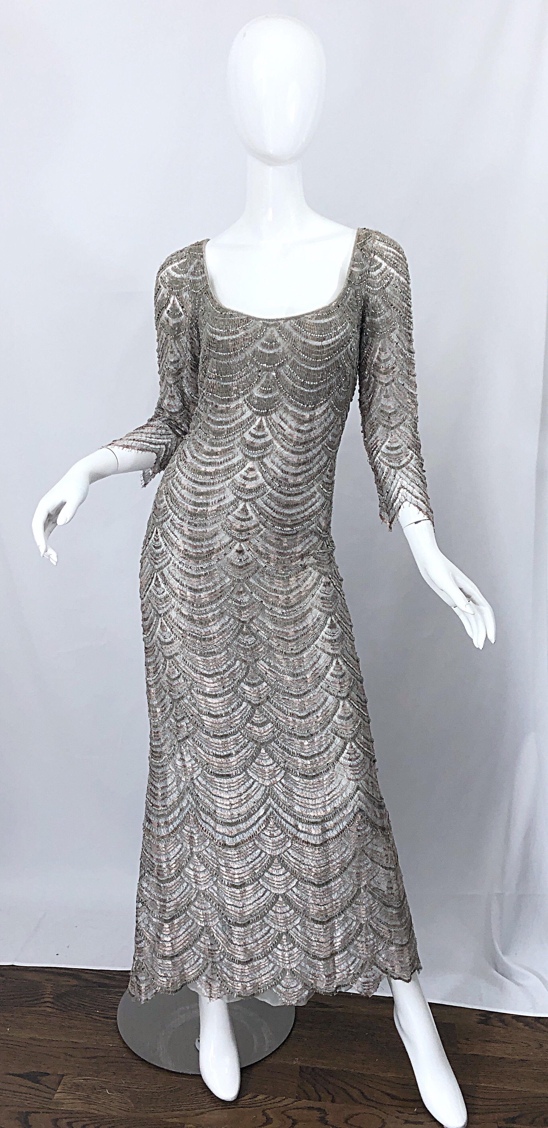 Beautiful 1990s Badgley Mischka Size 12 Fully Beaded Grey Vintage 90s Deco Gown For Sale 8