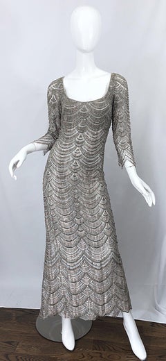 Beautiful 1990s Badgley Mischka Size 12 Fully Beaded Grey Vintage 90s Deco Gown