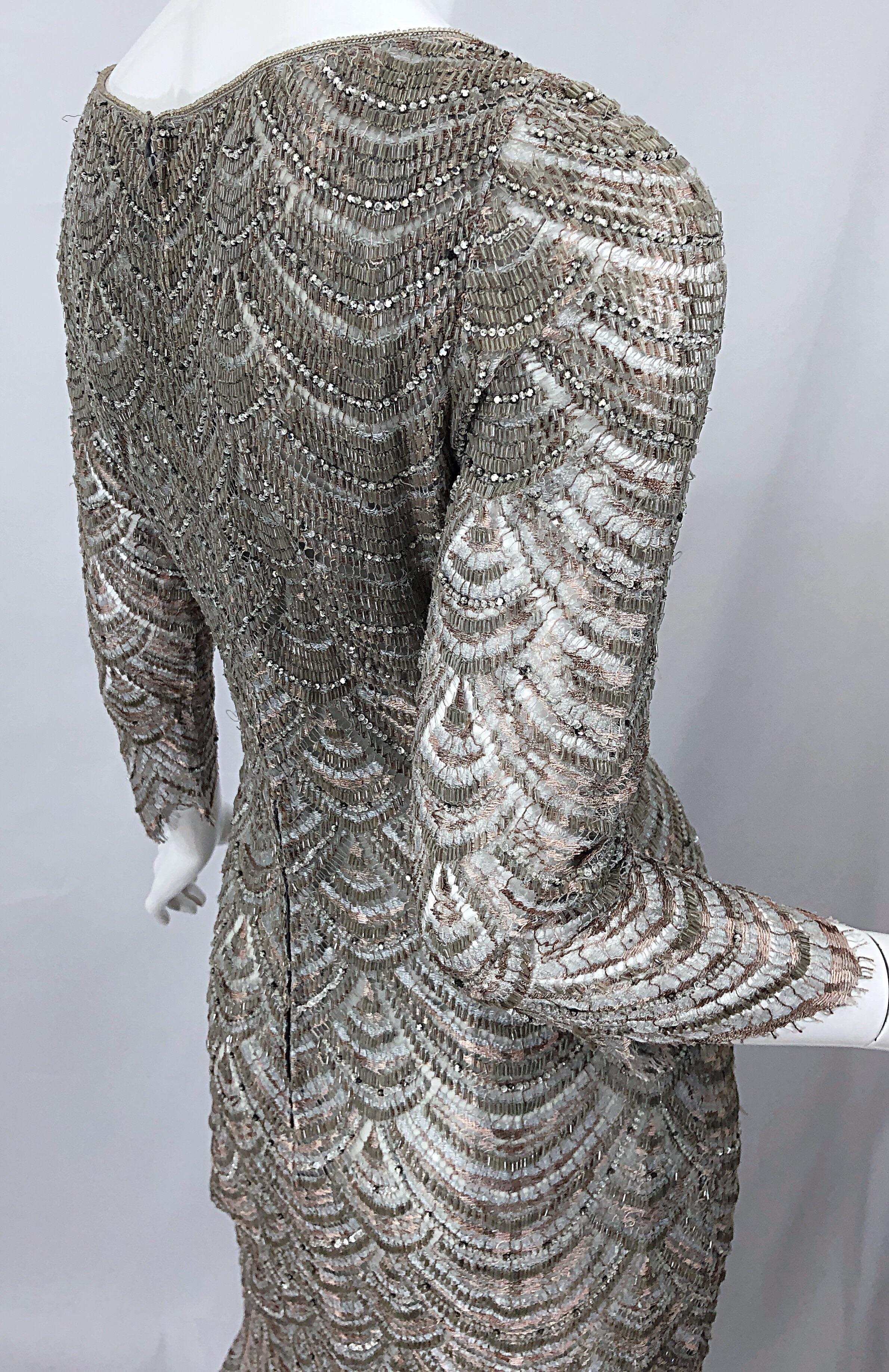 Badgley Mischka - Magnifique robe grise vintage entièrement perlée, style déco, années 1990, taille 12 Pour femmes en vente