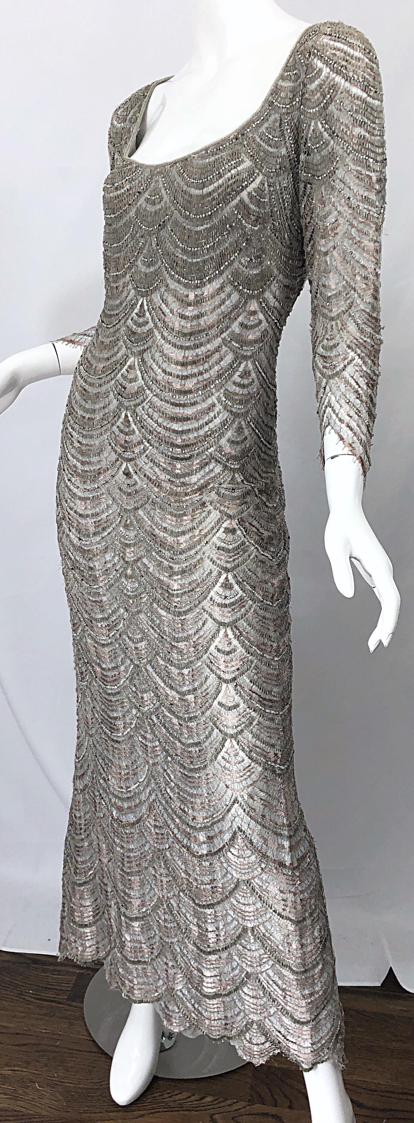 Gray Beautiful 1990s Badgley Mischka Size 12 Fully Beaded Grey Vintage 90s Deco Gown For Sale