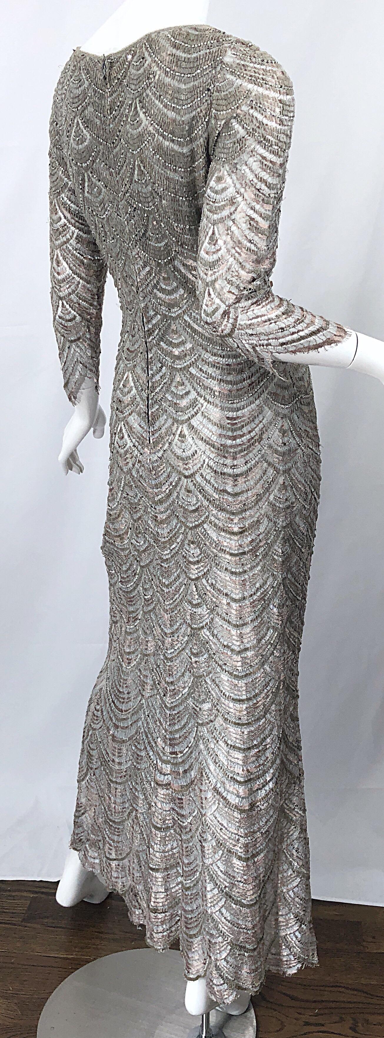 Women's Beautiful 1990s Badgley Mischka Size 12 Fully Beaded Grey Vintage 90s Deco Gown For Sale