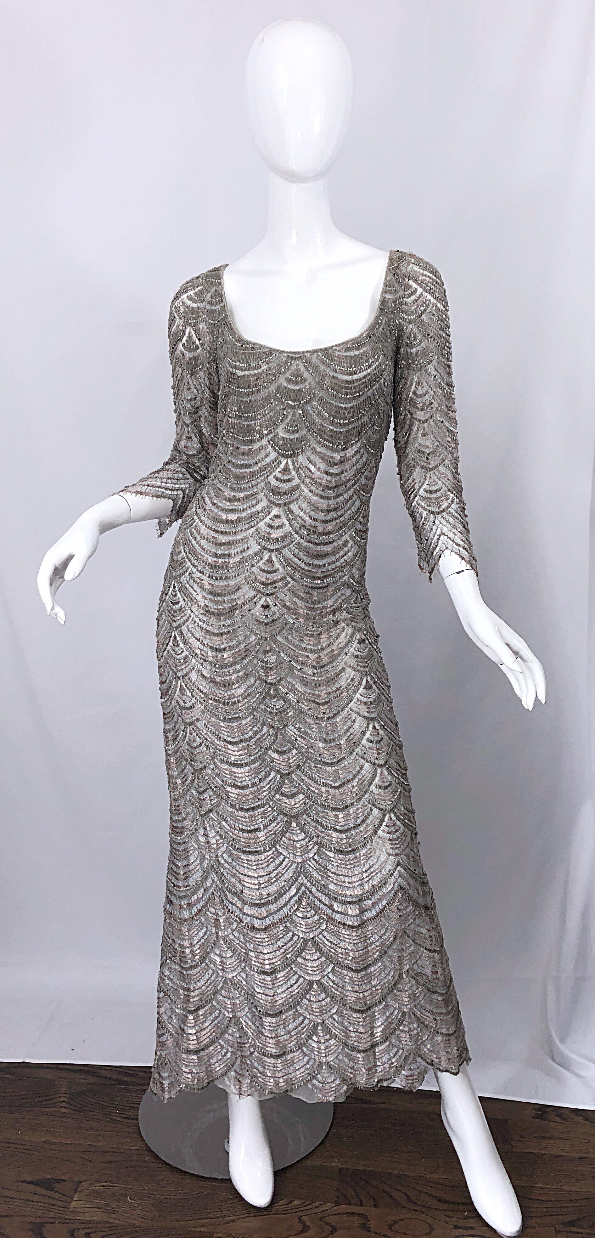 Beautiful 1990s Badgley Mischka Size 12 Fully Beaded Grey Vintage 90s Deco Gown For Sale 1