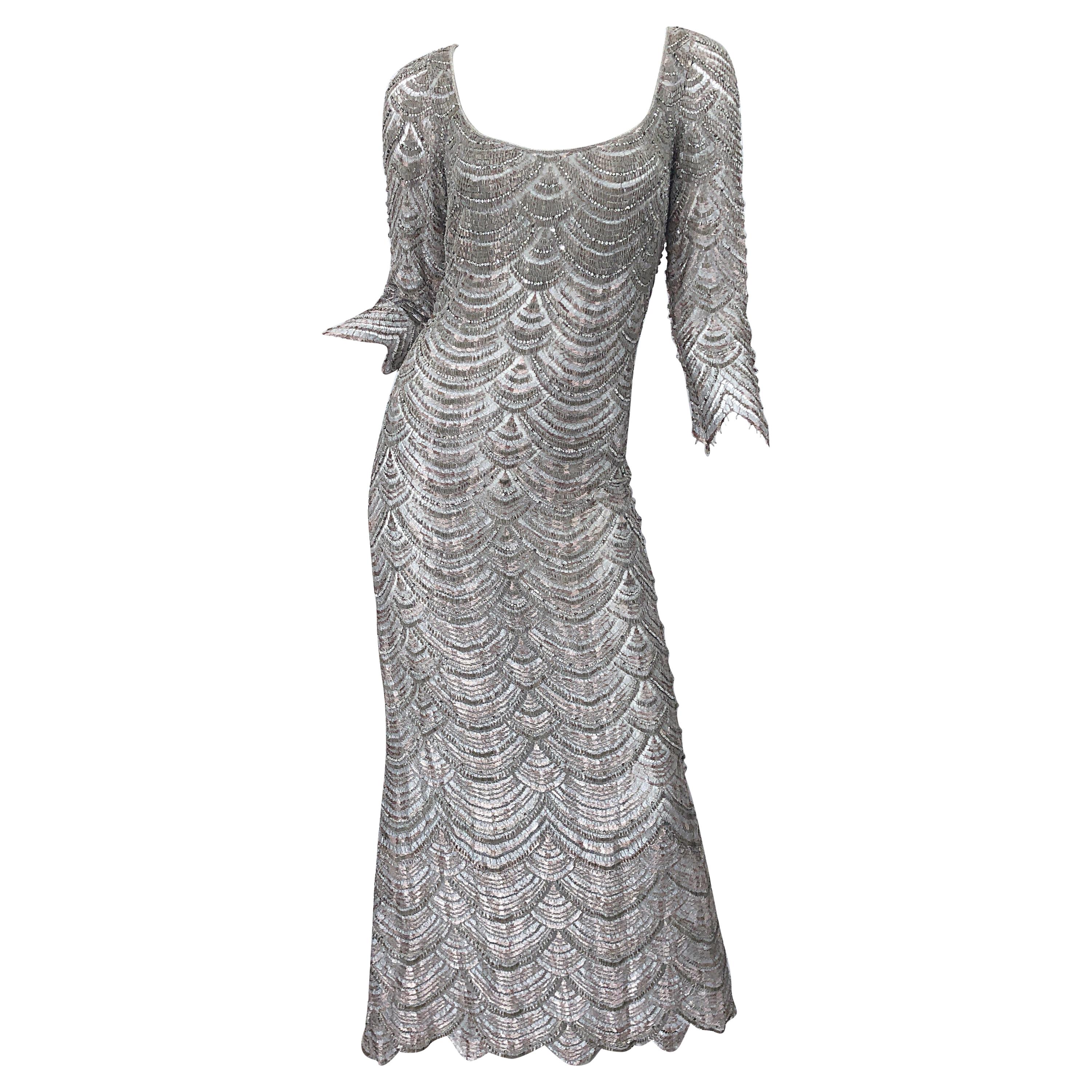 Beautiful 1990s Badgley Mischka Size 12 Fully Beaded Grey Vintage 90s Deco Gown