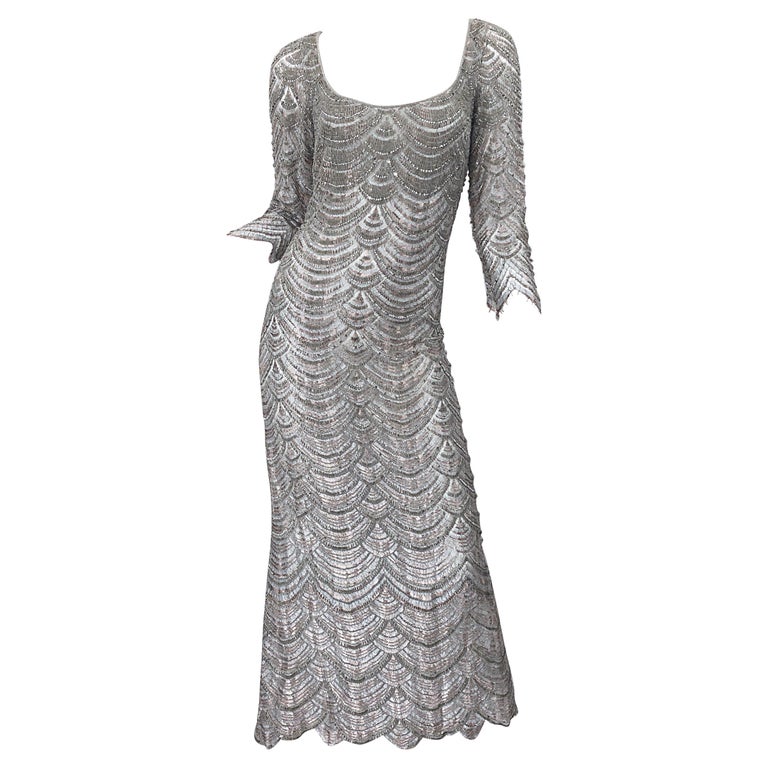 Beautiful 1990s Badgley Mischka Size 12 Fully Beaded Grey Vintage 90s Deco Gown For Sale At 1stdibs Grey Vintage Dress Vintage Badgley Mischka Dress