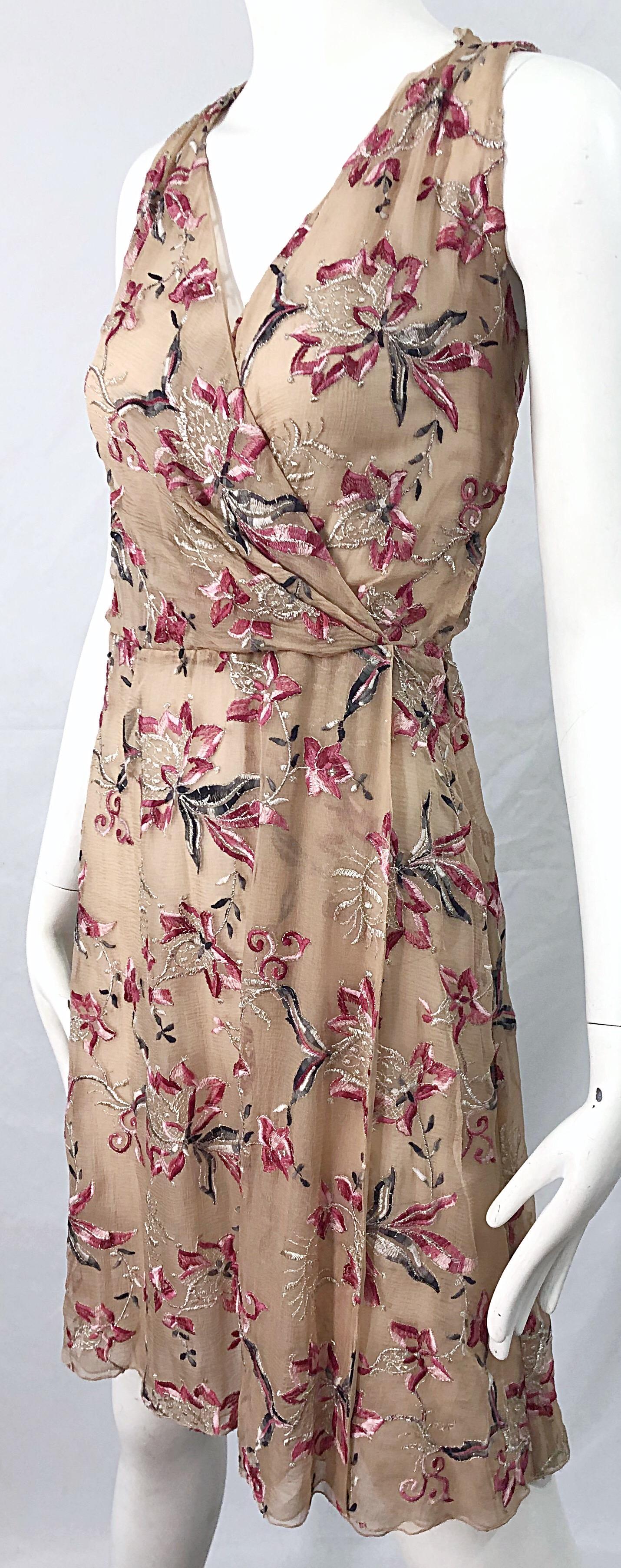 Beautiful 1990s Valentino Nude Silk Chiffon Semi Sheer Size 6 Embroidered Dress 5
