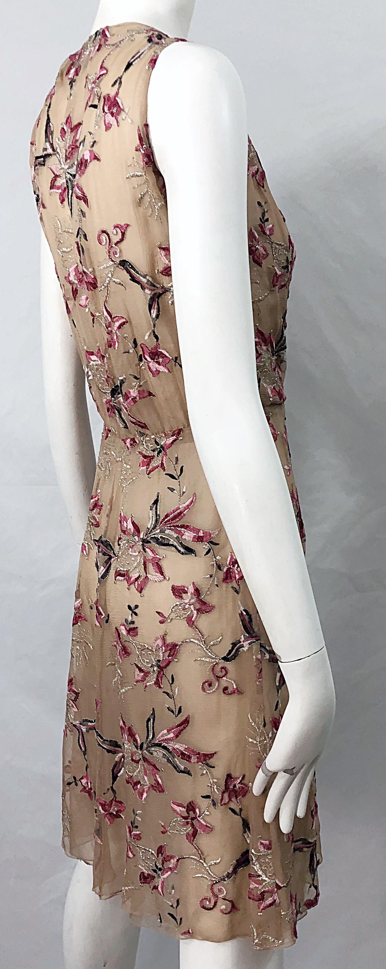 Beautiful 1990s Valentino Nude Silk Chiffon Semi Sheer Size 6 Embroidered Dress 6