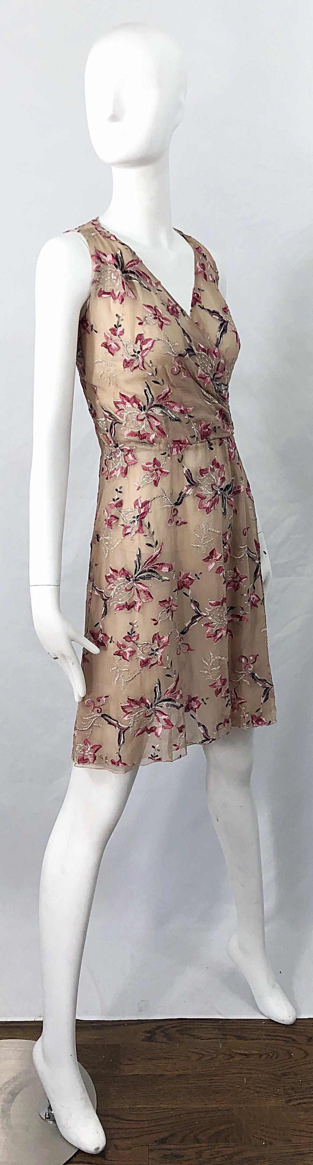 Beautiful 1990s Valentino Nude Silk Chiffon Semi Sheer Size 6 Embroidered Dress 8