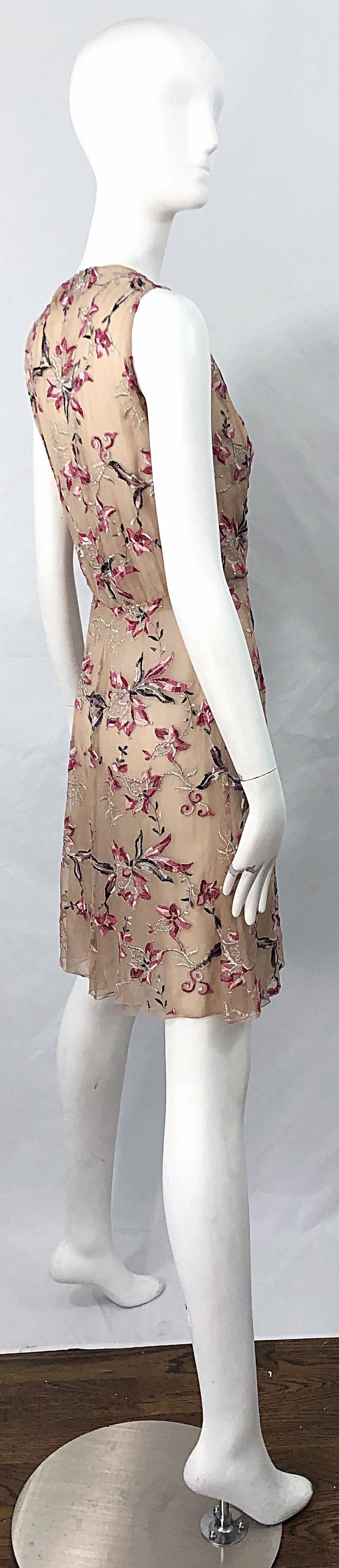 Beautiful 1990s Valentino Nude Silk Chiffon Semi Sheer Size 6 Embroidered Dress 10