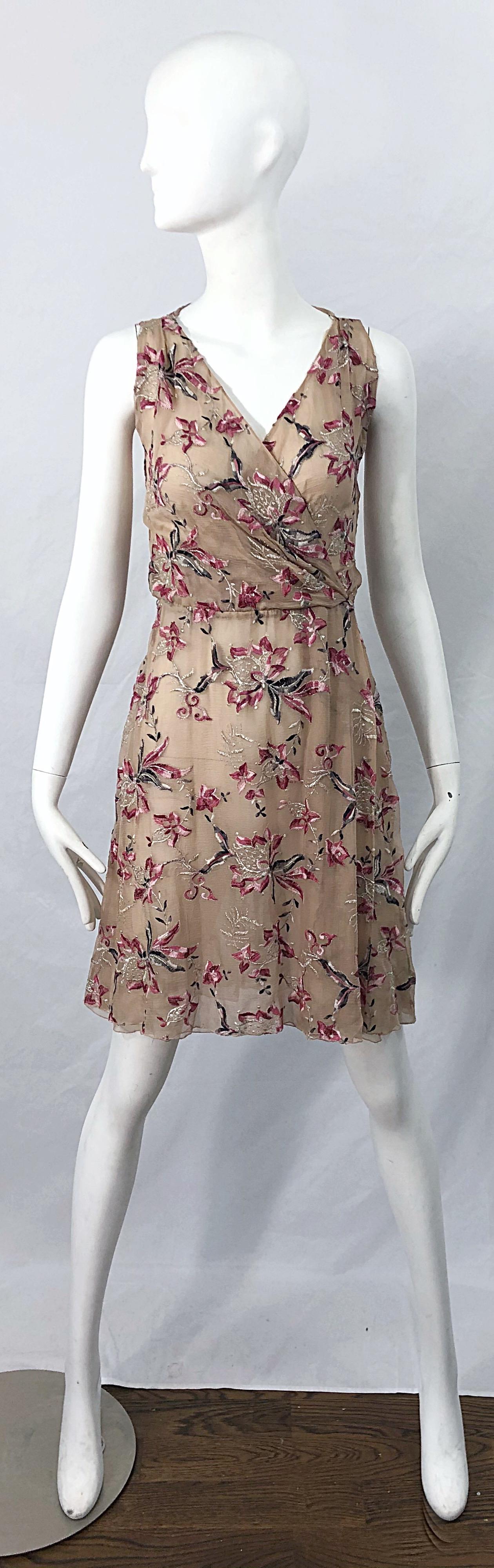 Beautiful 1990s Valentino Nude Silk Chiffon Semi Sheer Size 6 Embroidered Dress 11
