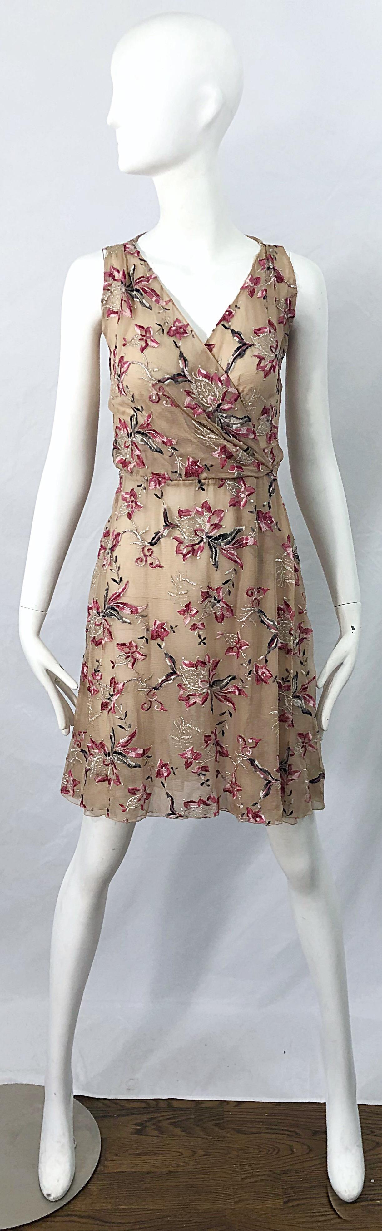 Brown Beautiful 1990s Valentino Nude Silk Chiffon Semi Sheer Size 6 Embroidered Dress