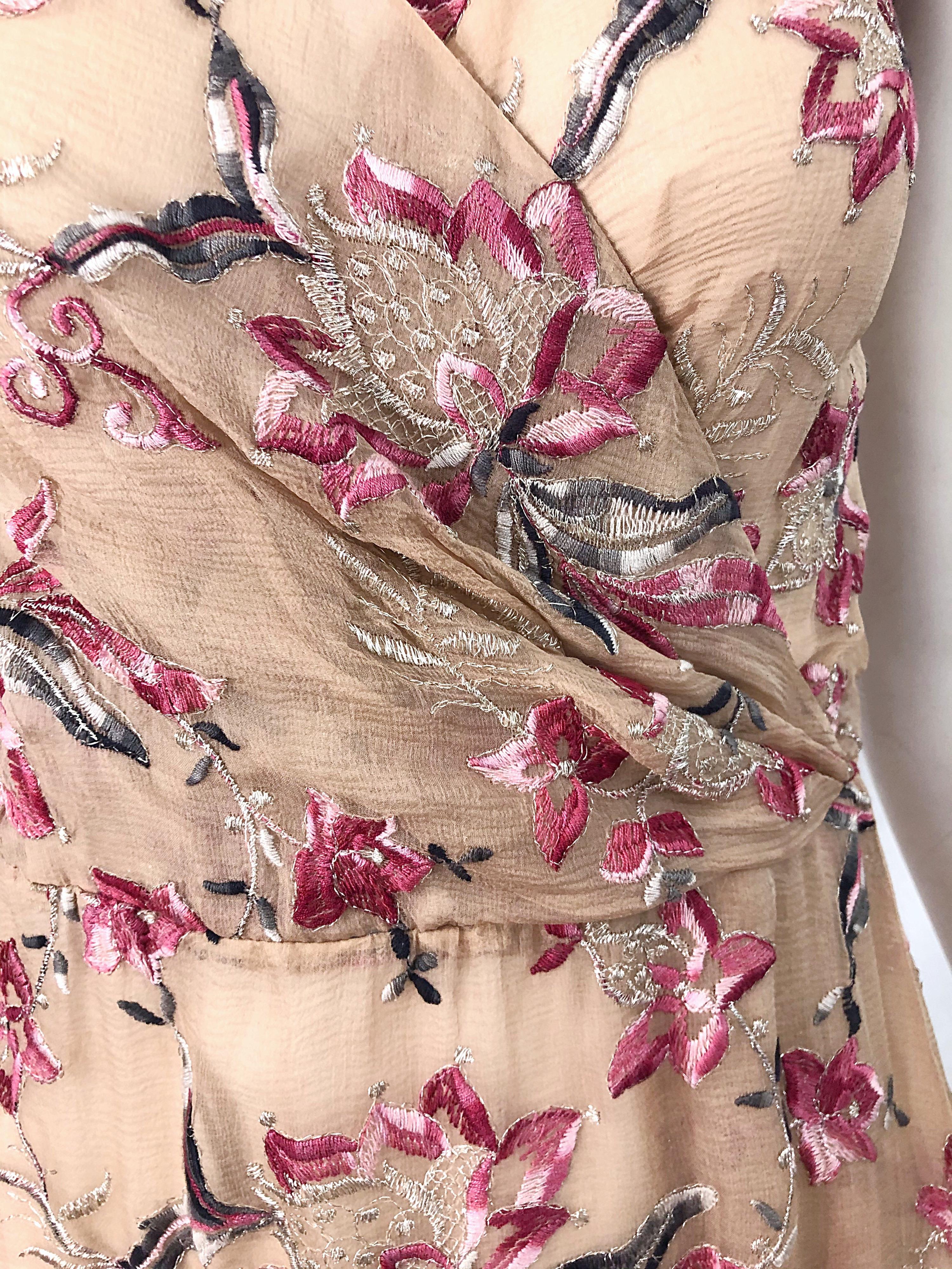 Beautiful 1990s Valentino Nude Silk Chiffon Semi Sheer Size 6 Embroidered Dress In Excellent Condition In San Diego, CA