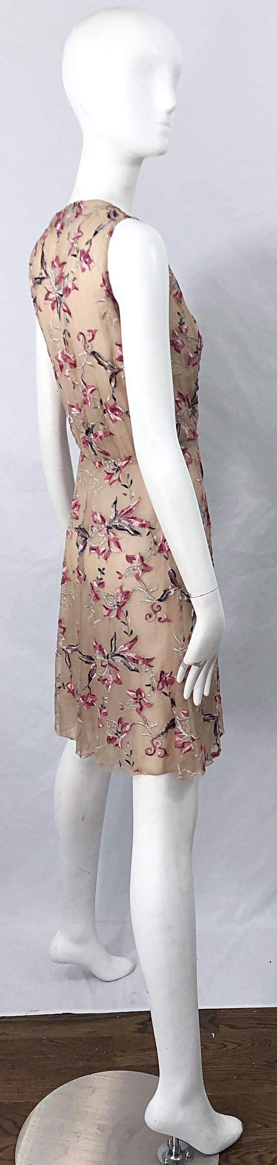 Women's Beautiful 1990s Valentino Nude Silk Chiffon Semi Sheer Size 6 Embroidered Dress