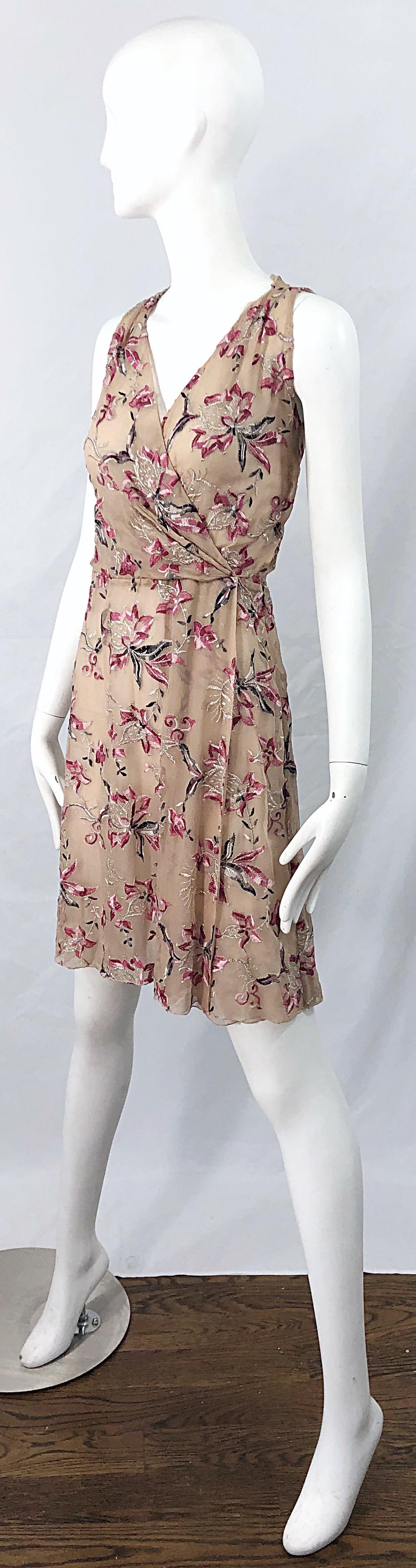 Beautiful 1990s Valentino Nude Silk Chiffon Semi Sheer Size 6 Embroidered Dress 1