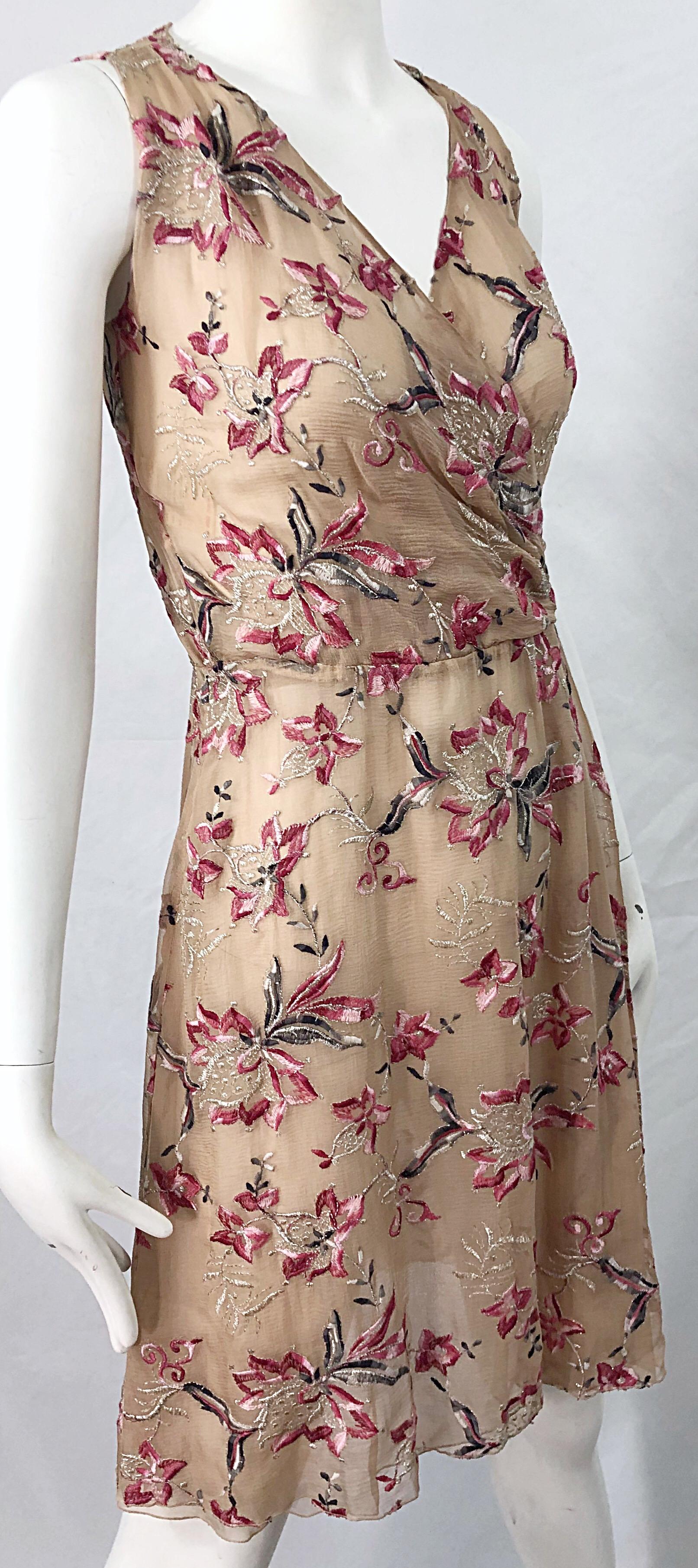 Beautiful 1990s Valentino Nude Silk Chiffon Semi Sheer Size 6 Embroidered Dress 2