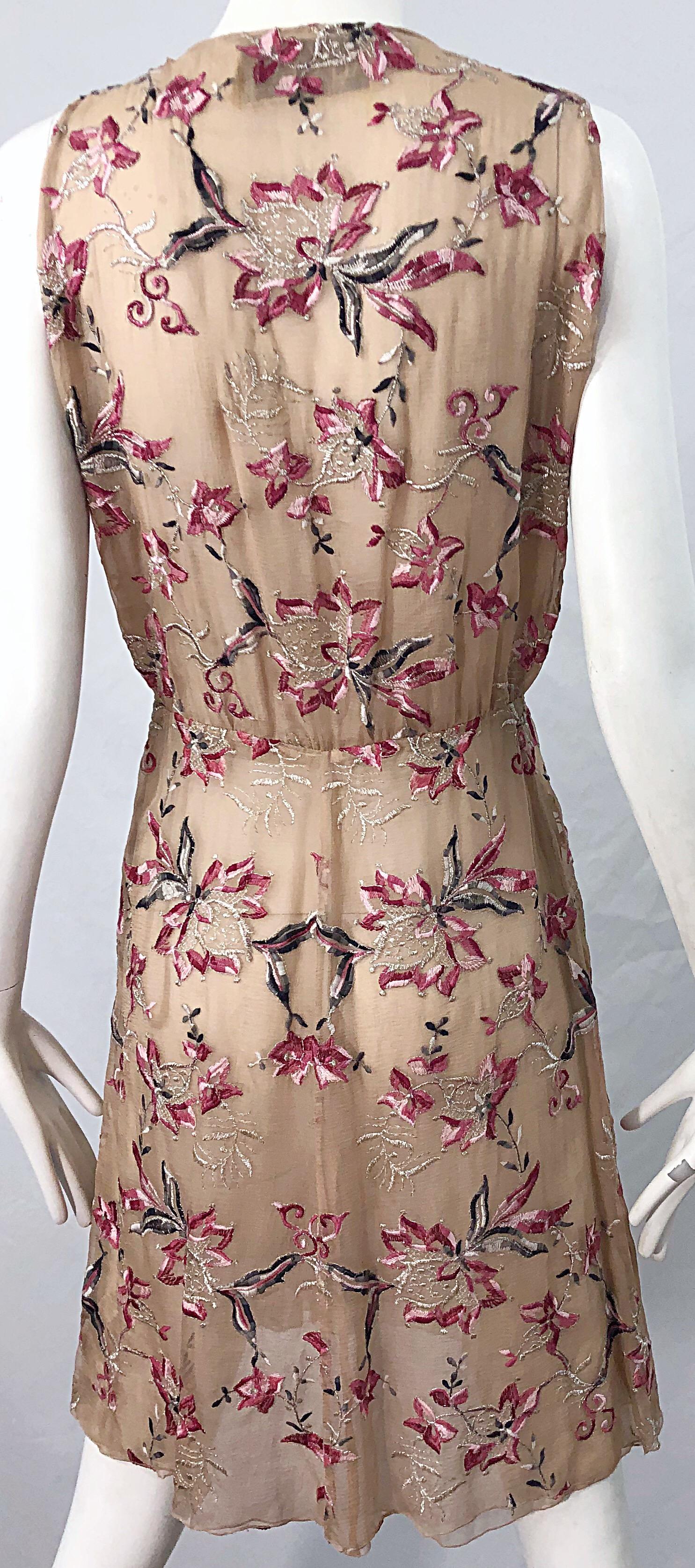 Beautiful 1990s Valentino Nude Silk Chiffon Semi Sheer Size 6 Embroidered Dress 3