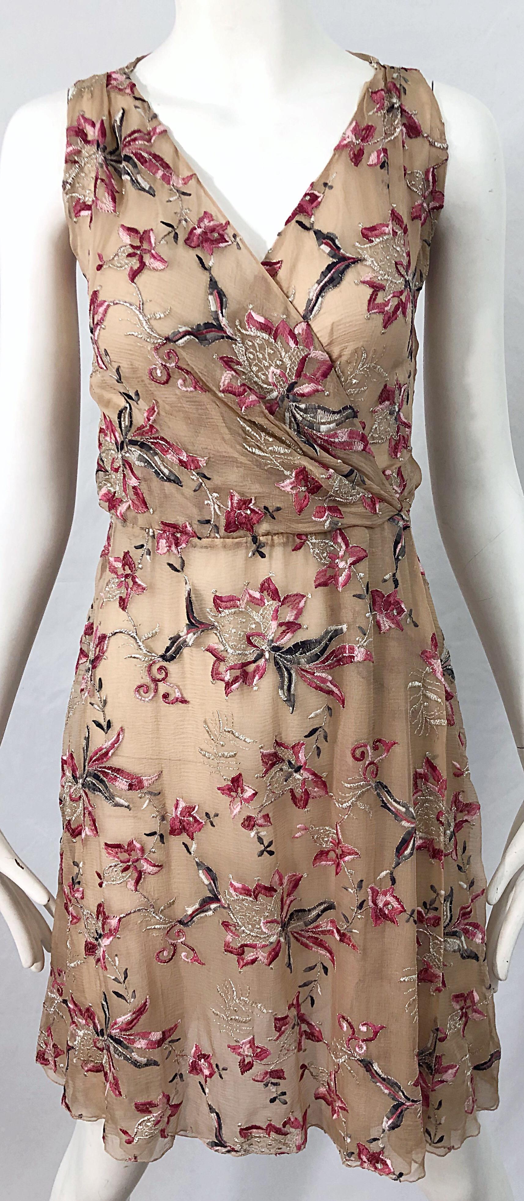 Beautiful 1990s Valentino Nude Silk Chiffon Semi Sheer Size 6 Embroidered Dress 4