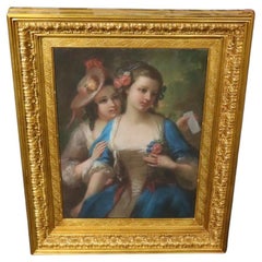 Beautiful 19th C Pastel Painting of 2 Young Women