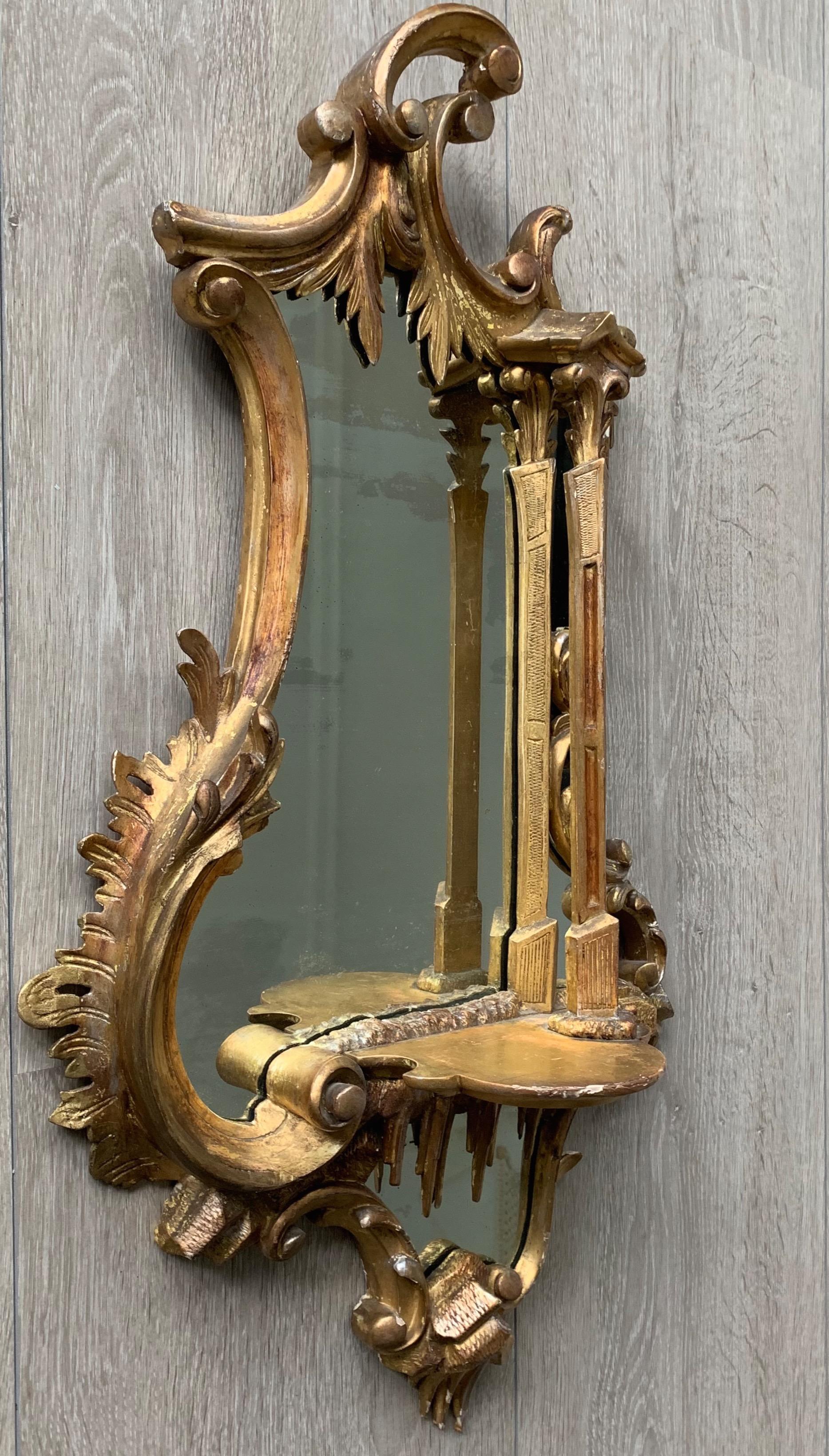  Amazing 19th Century French Antique Gilt Wooden Frame Wall Mirror with Bracket For Sale 1