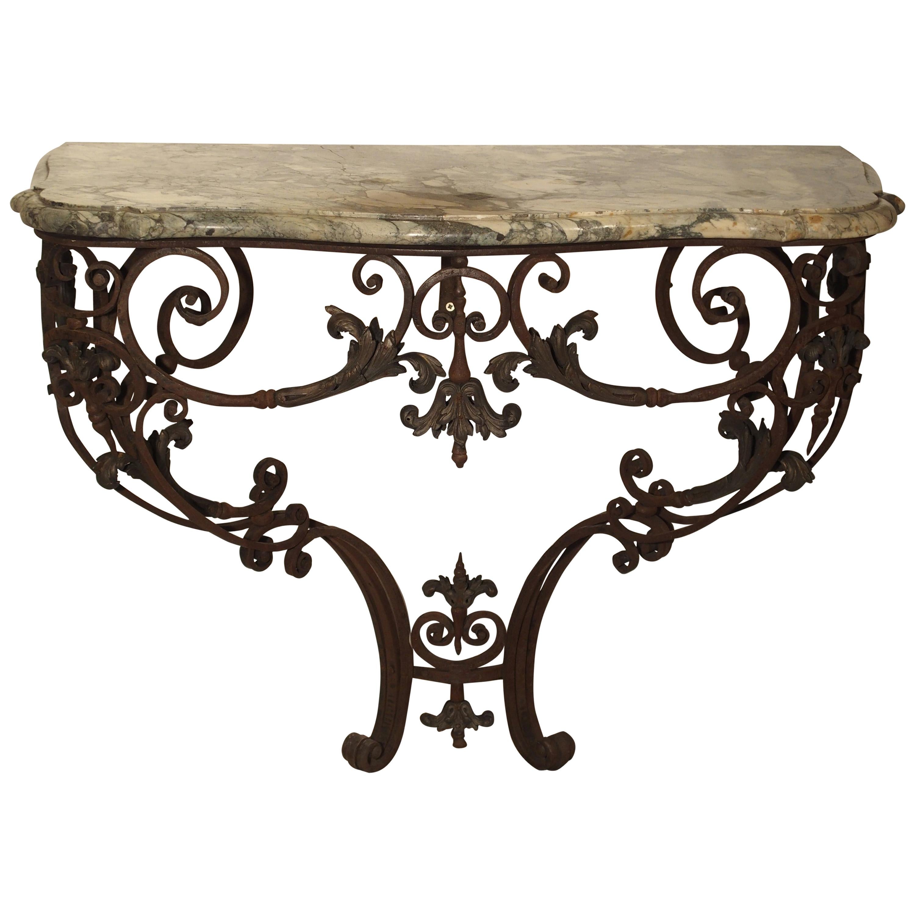 Beautiful 19th Century French Iron and Bronze Console Table with Marble Top