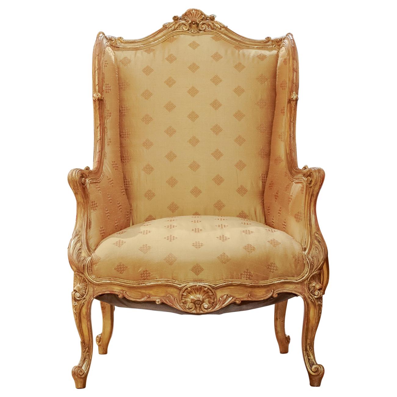 Beautiful 19th Century French Louis XV Gilt Carved Bergère