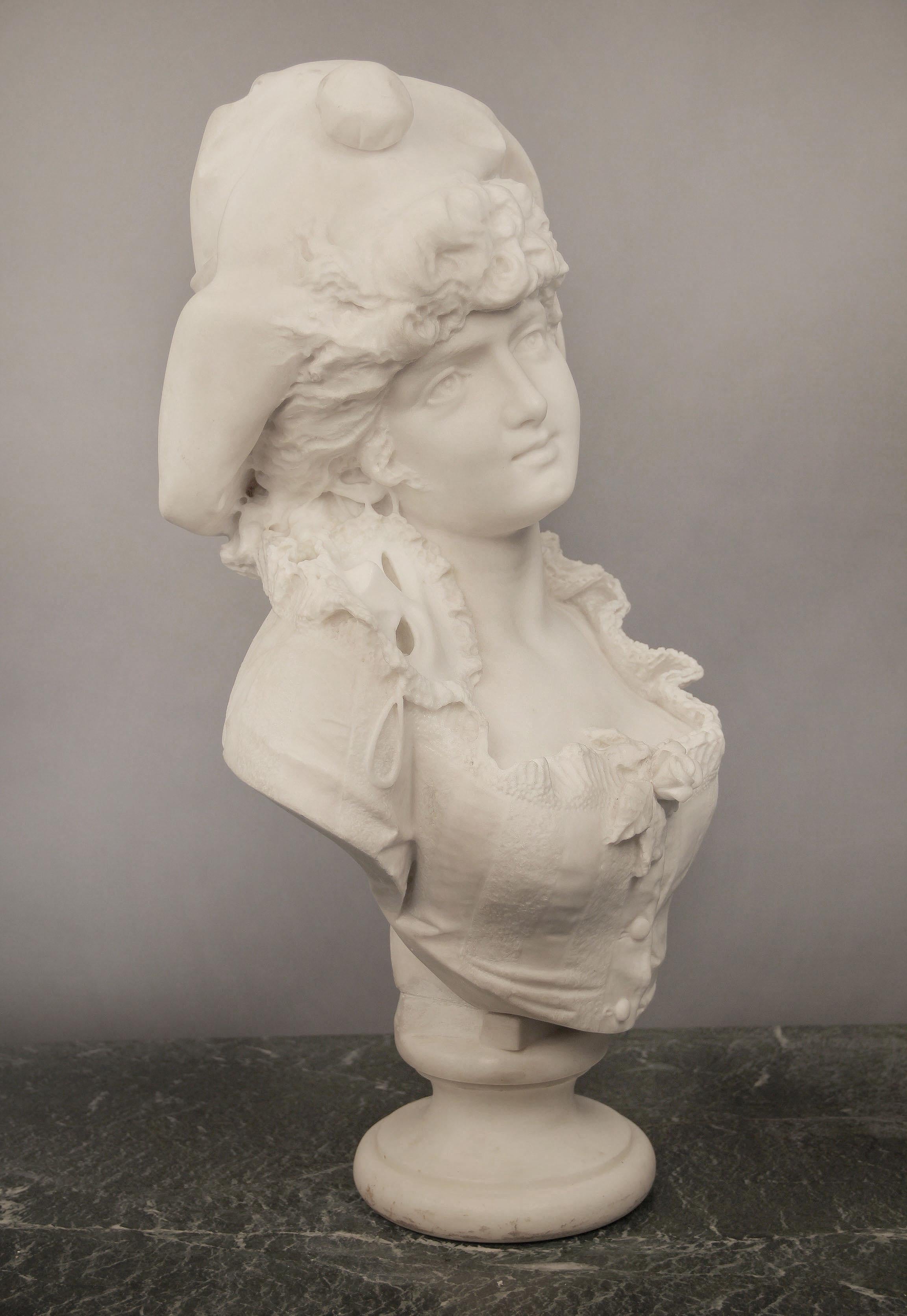 Beautiful late 19th century Italian white Carrara marble bust of a woman by F. Musaglino.

The woman glancing afar with a hat covering her curly hair and a masquerade mask around her ear and sitting on her shoulder, her ruffled blouse centered