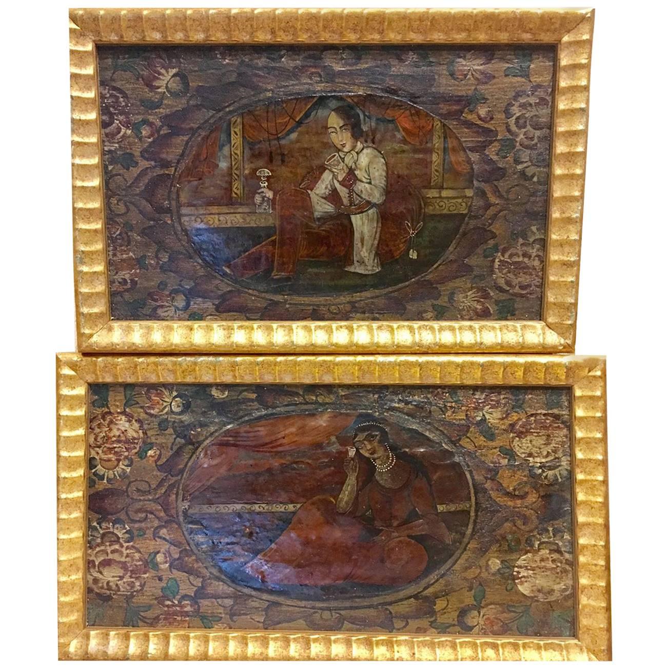 Beautiful 19th Century, Pair Wooden Paintings of Qajari Ladies For Sale