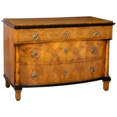 Belle commode d'époque Biedermeier en bois de bouleau satiné et ébénisterie du 19e siècle