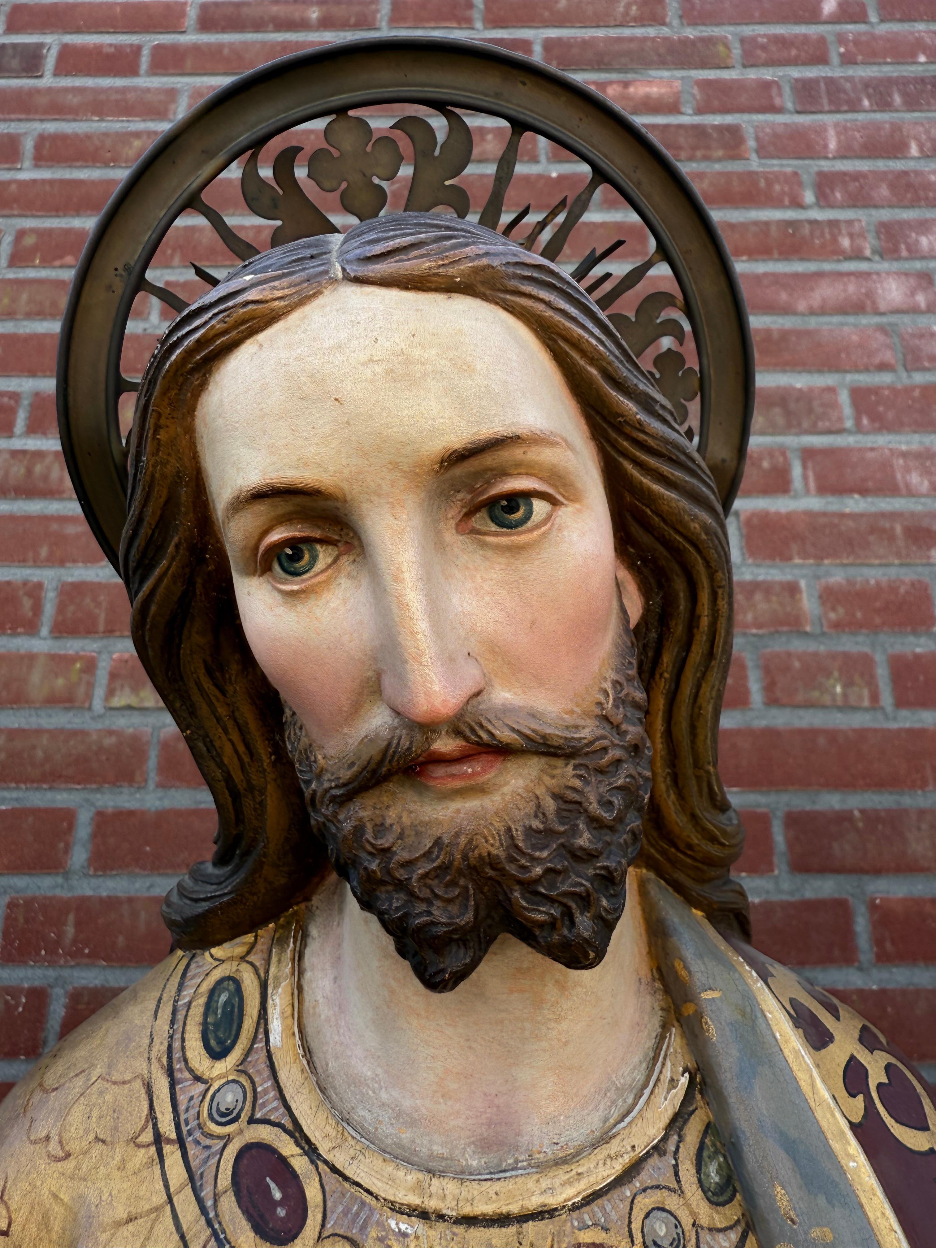Belle statue du Sacré-Cœur de Jésus du XIXe siècle en Clay and Wood polychrome en vente 5