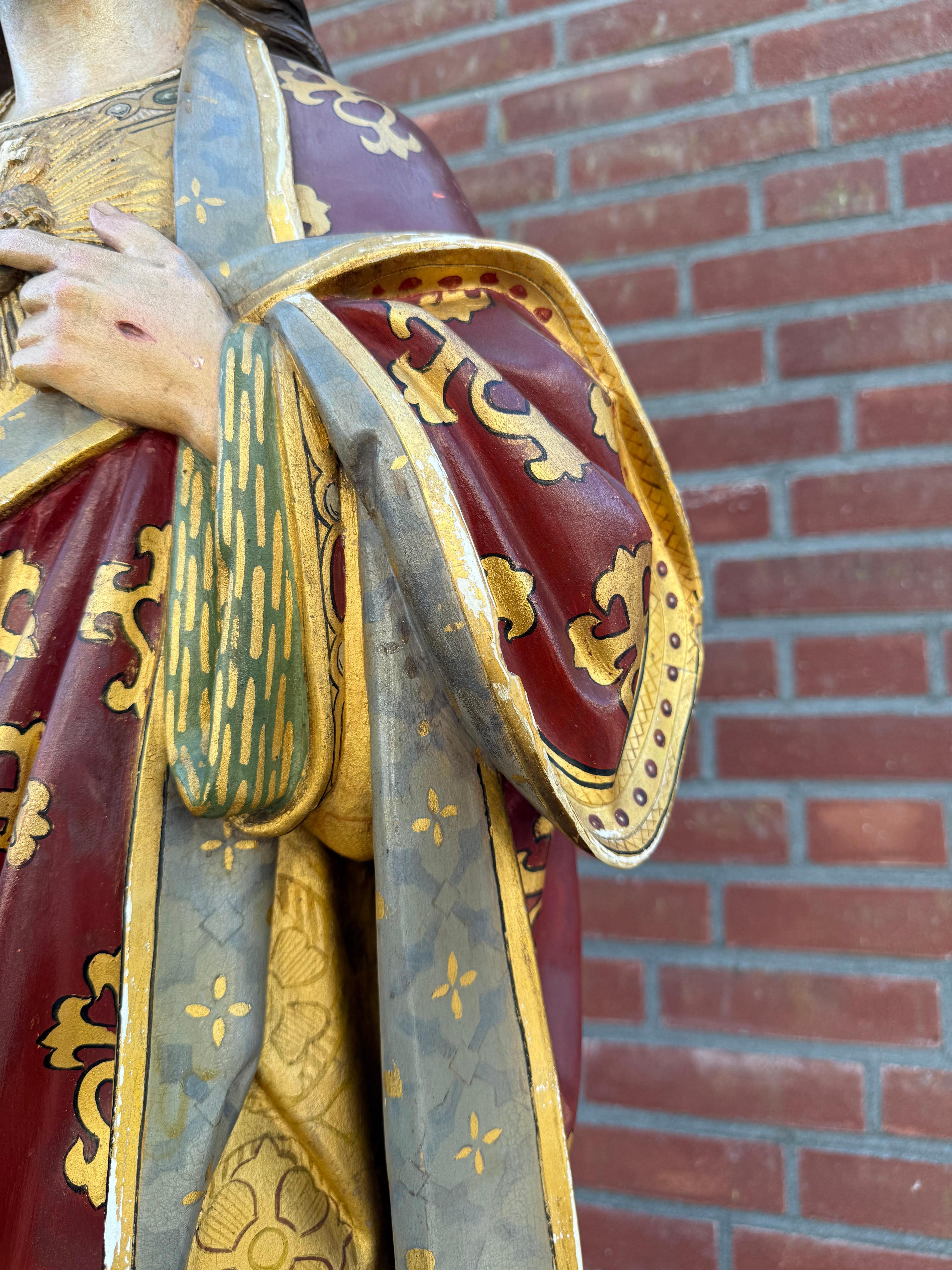 Belle statue du Sacré-Cœur de Jésus du XIXe siècle en Clay and Wood polychrome en vente 6
