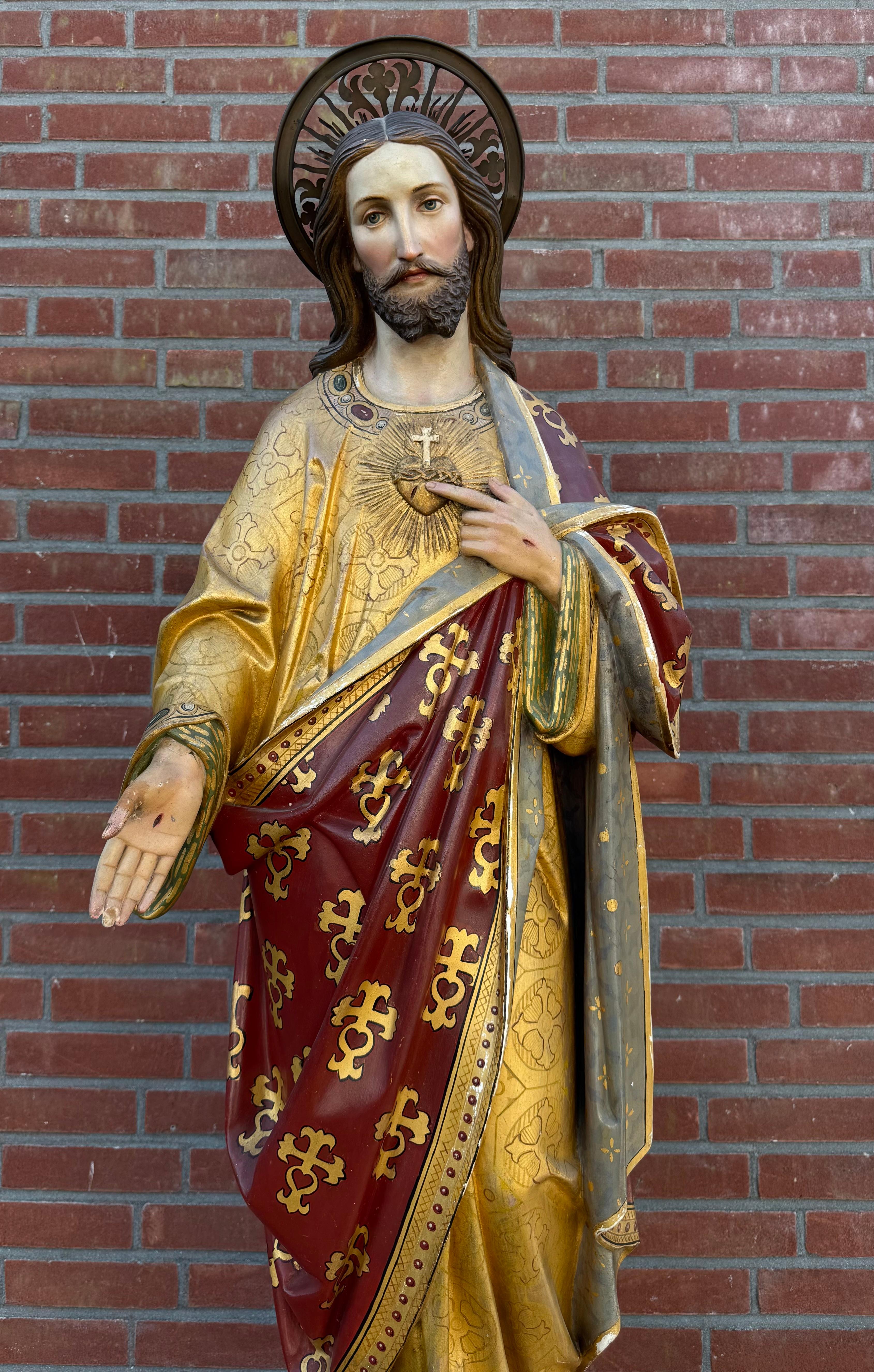 Belle statue du Sacré-Cœur de Jésus du XIXe siècle en Clay and Wood polychrome en vente 7