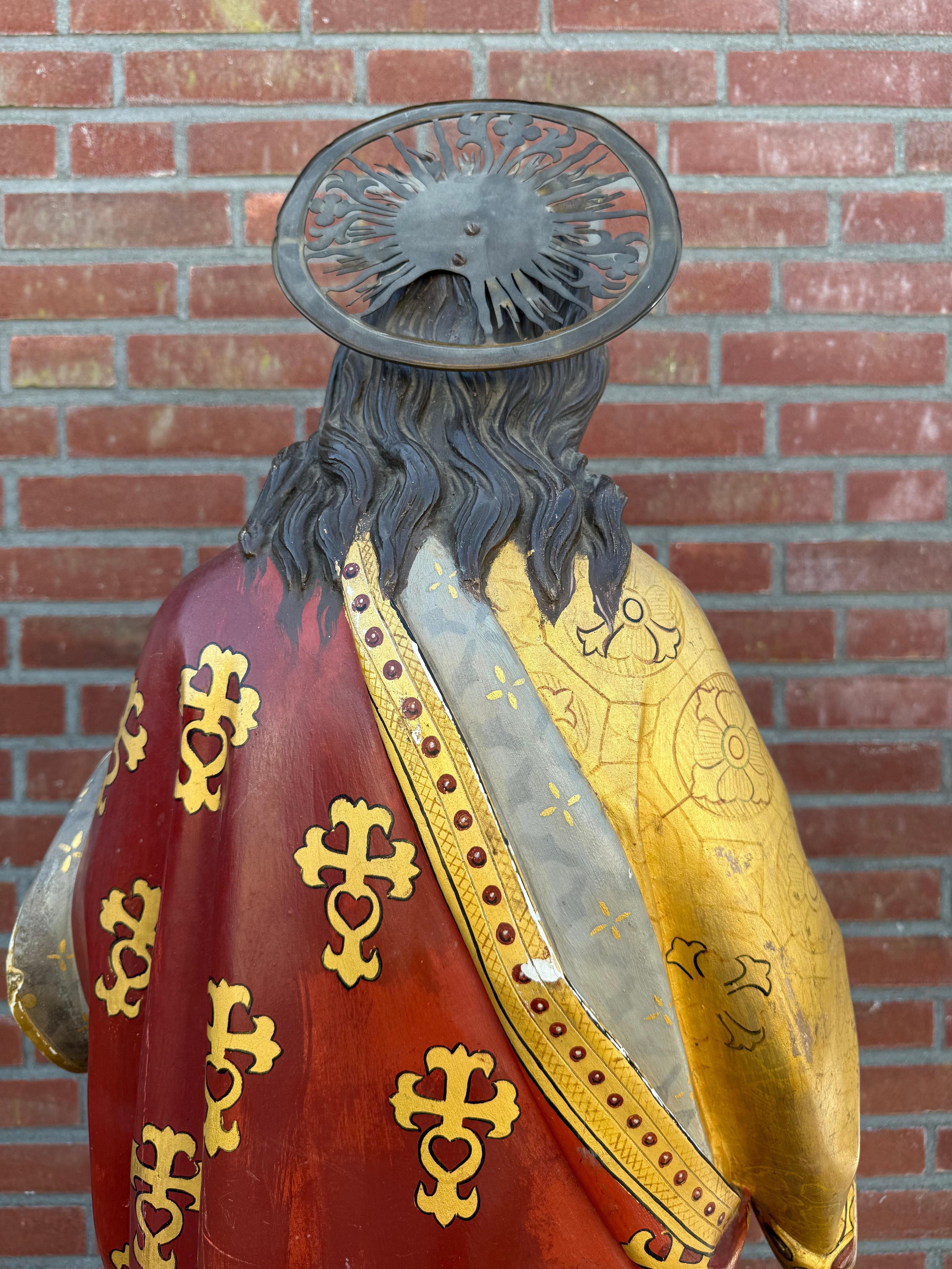 Belle statue du Sacré-Cœur de Jésus du XIXe siècle en Clay and Wood polychrome en vente 10