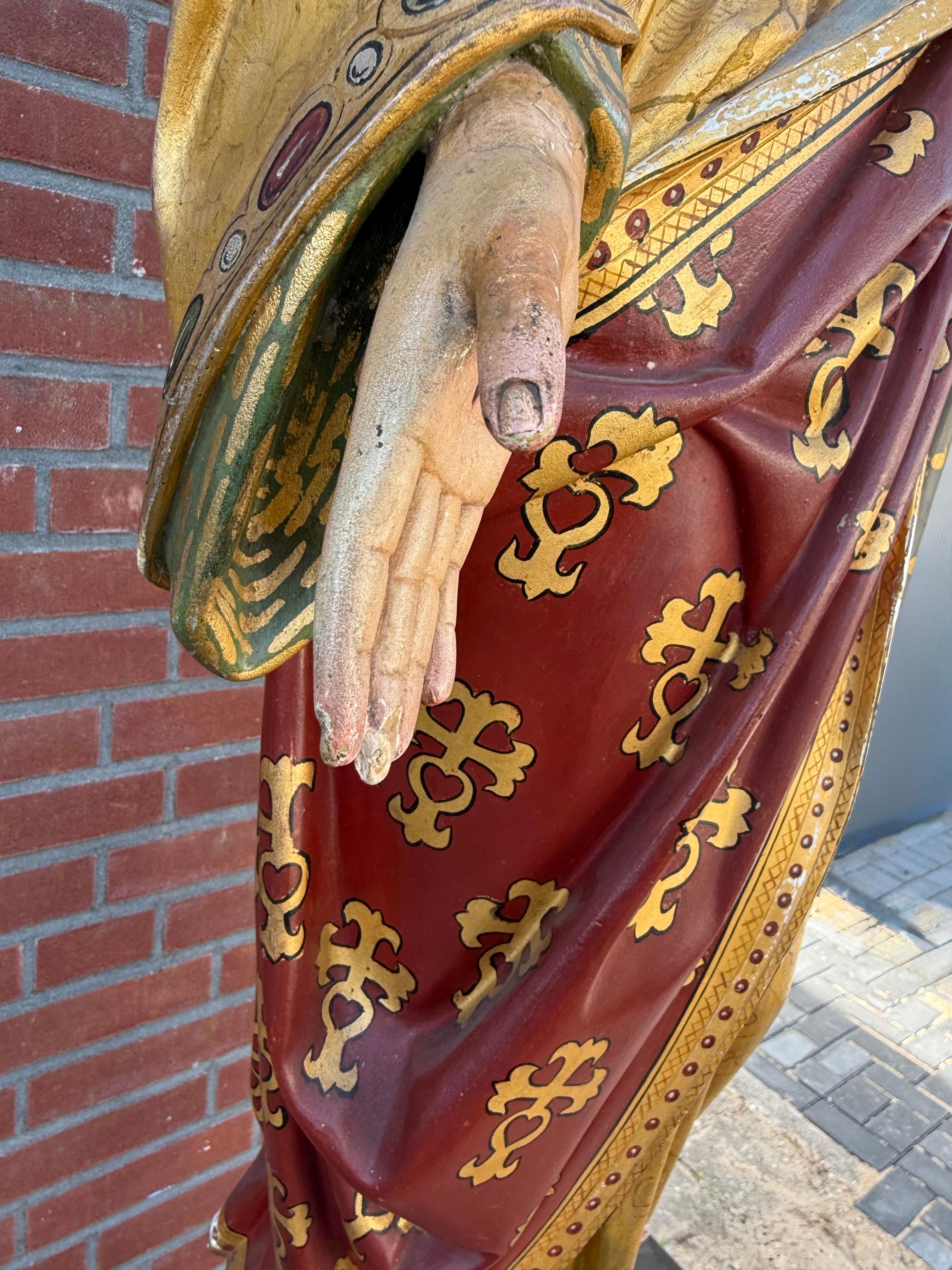 Belle statue du Sacré-Cœur de Jésus du XIXe siècle en Clay and Wood polychrome Bon état - En vente à Lisse, NL