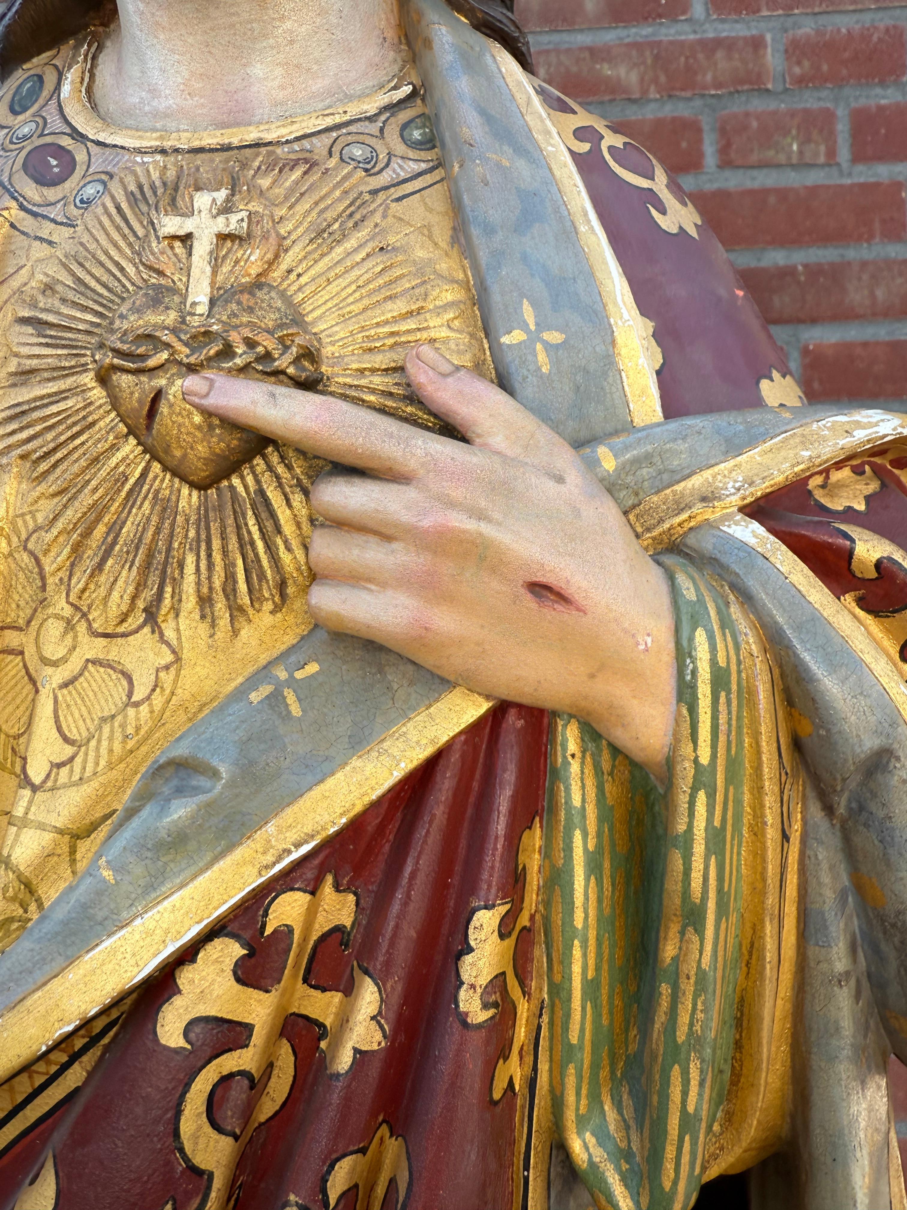 Belle statue du Sacré-Cœur de Jésus du XIXe siècle en Clay and Wood polychrome en vente 1