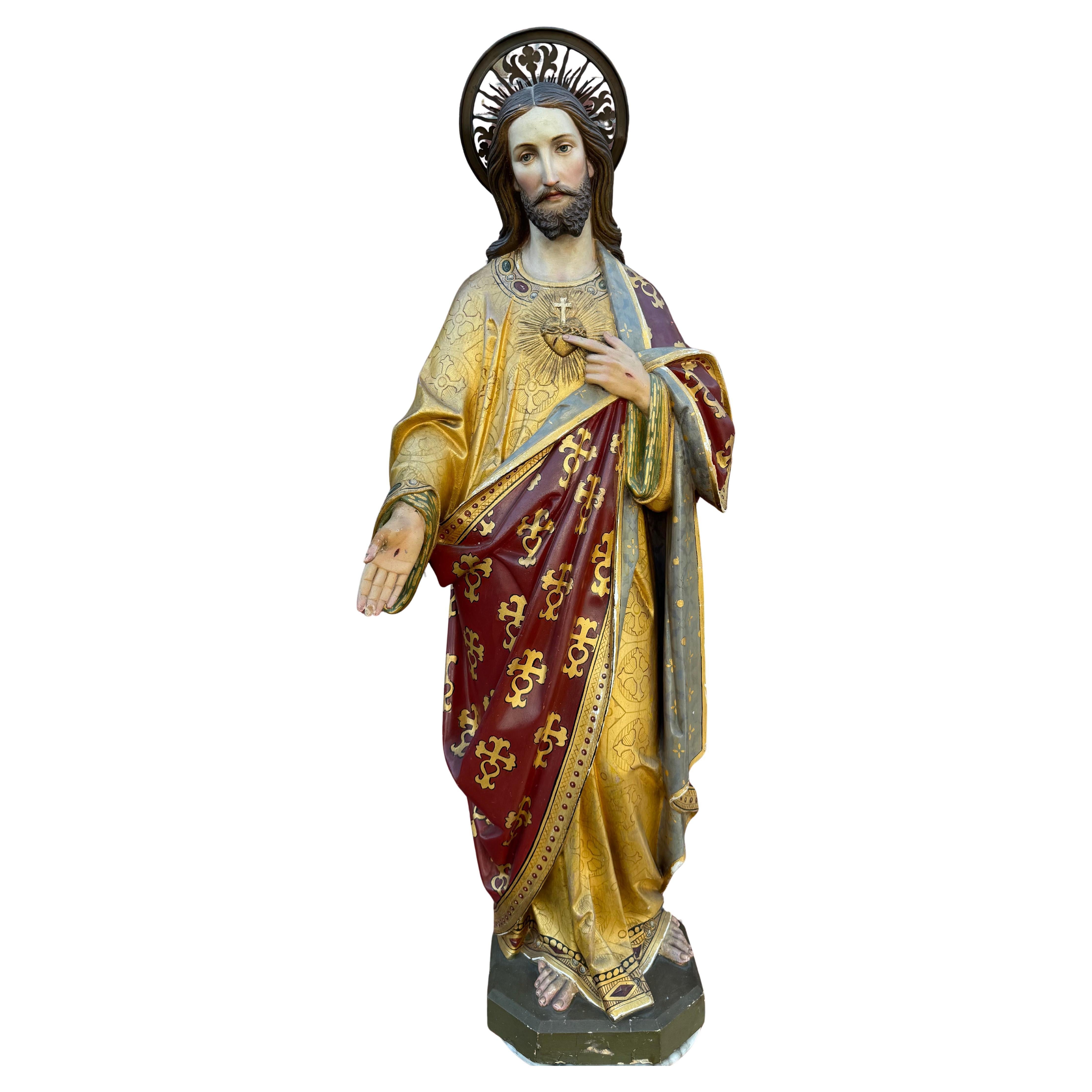 Schöne Herz-Jesu-Statue aus polychromem Clay and Wood aus dem 19. Jahrhundert